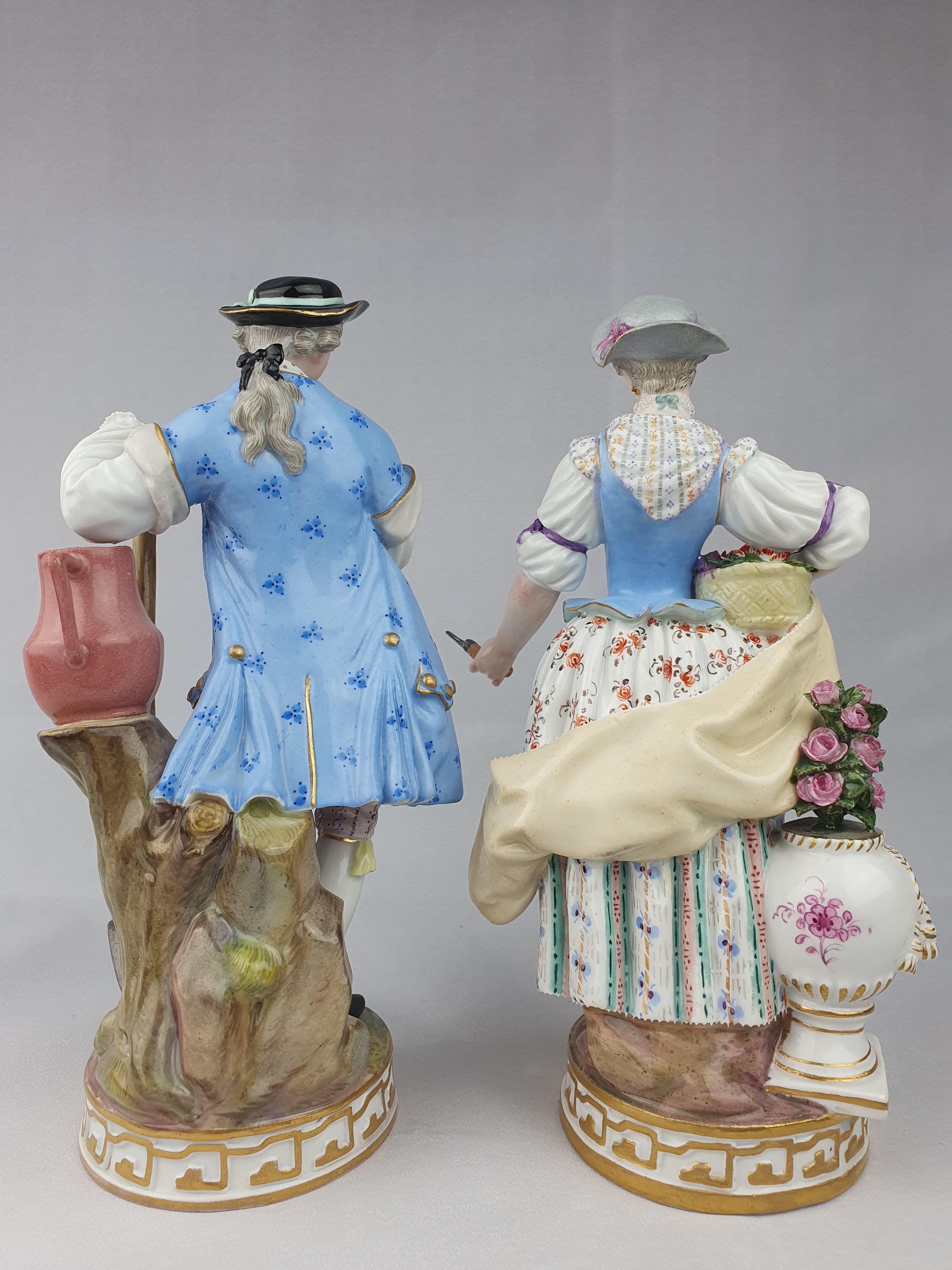 Hand-Painted Meissen Pair of Meissen Gardeners Man and Woman For Sale