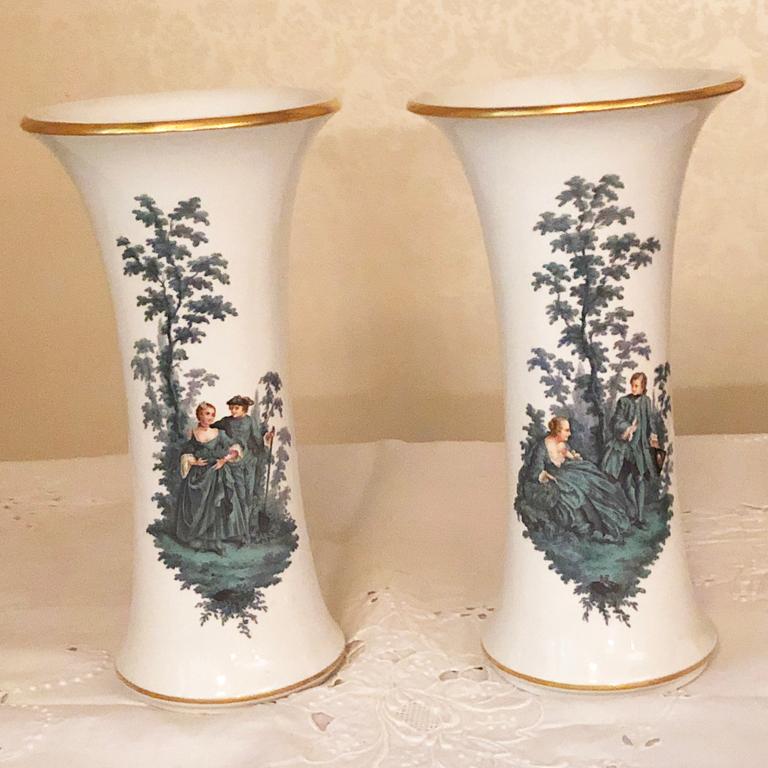 Pair of Meissen Late 19th Century Vases with Watteau Style Paintings 3