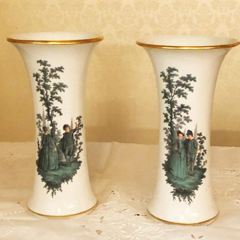 Pair of Meissen Late 19th Century Vases with Watteau Style Paintings 4