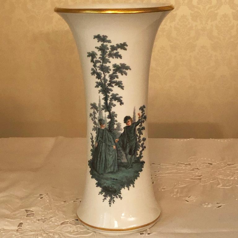 German Pair of Meissen Late 19th Century Vases with Watteau Style Paintings