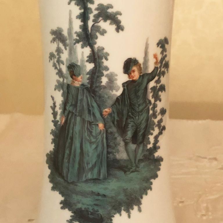 Hand-Painted Pair of Meissen Late 19th Century Vases with Watteau Style Paintings