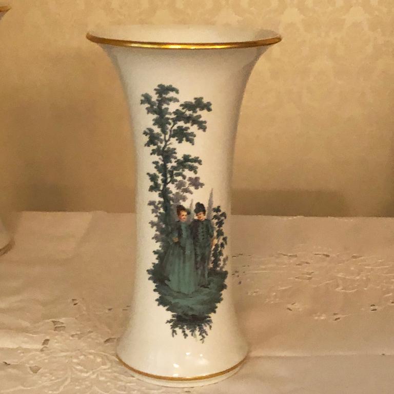 Pair of Meissen Late 19th Century Vases with Watteau Style Paintings In Good Condition In Boston, MA