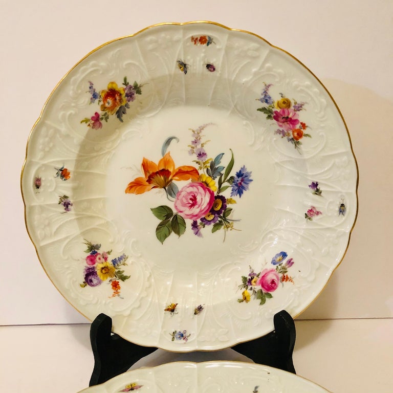 Romantic Pair of Meissen Museum Quality Bowls Painted with Flower Bouquets and Insects For Sale