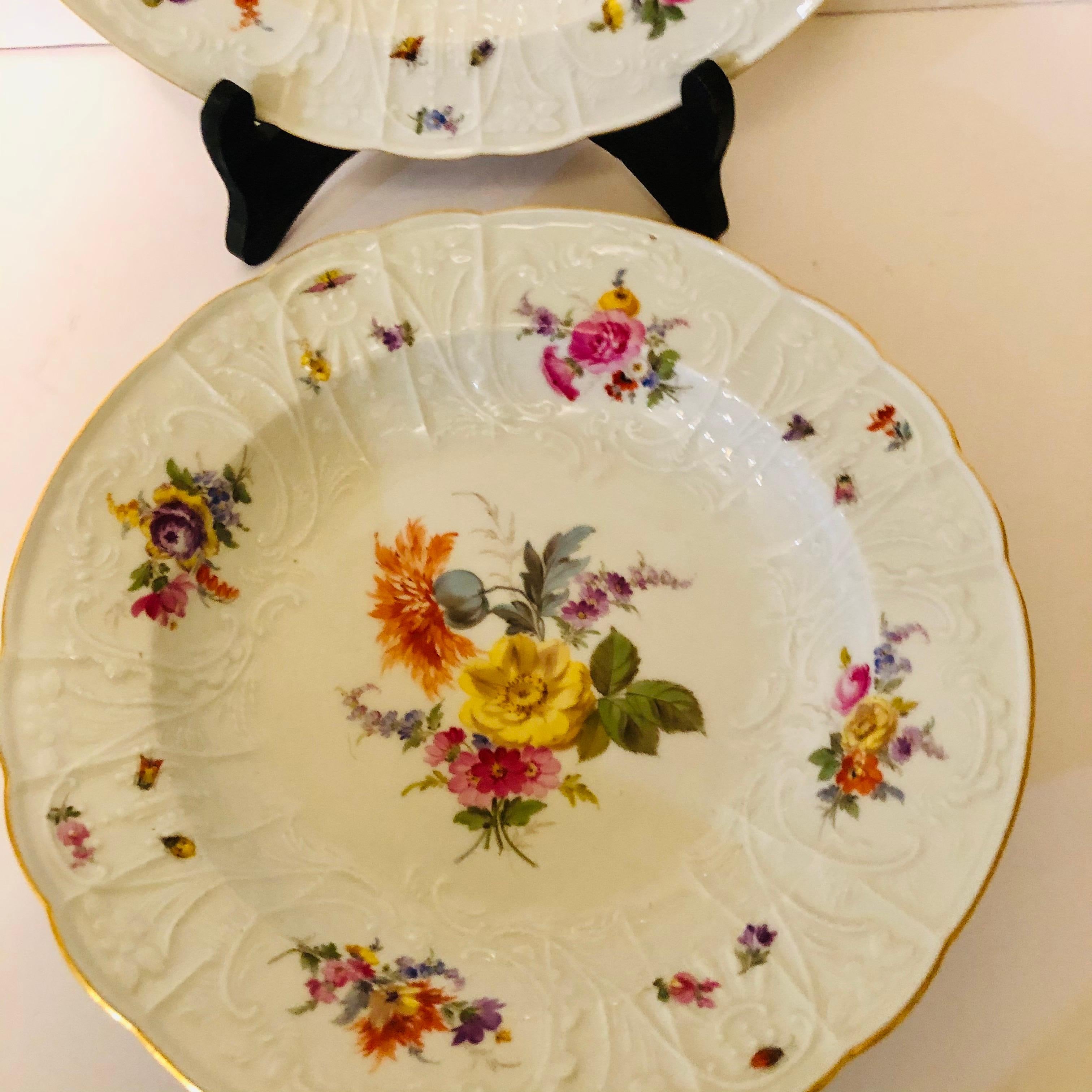 Porcelain Pair of Meissen Museum Quality Bowls Painted with Flower Bouquets and Insects