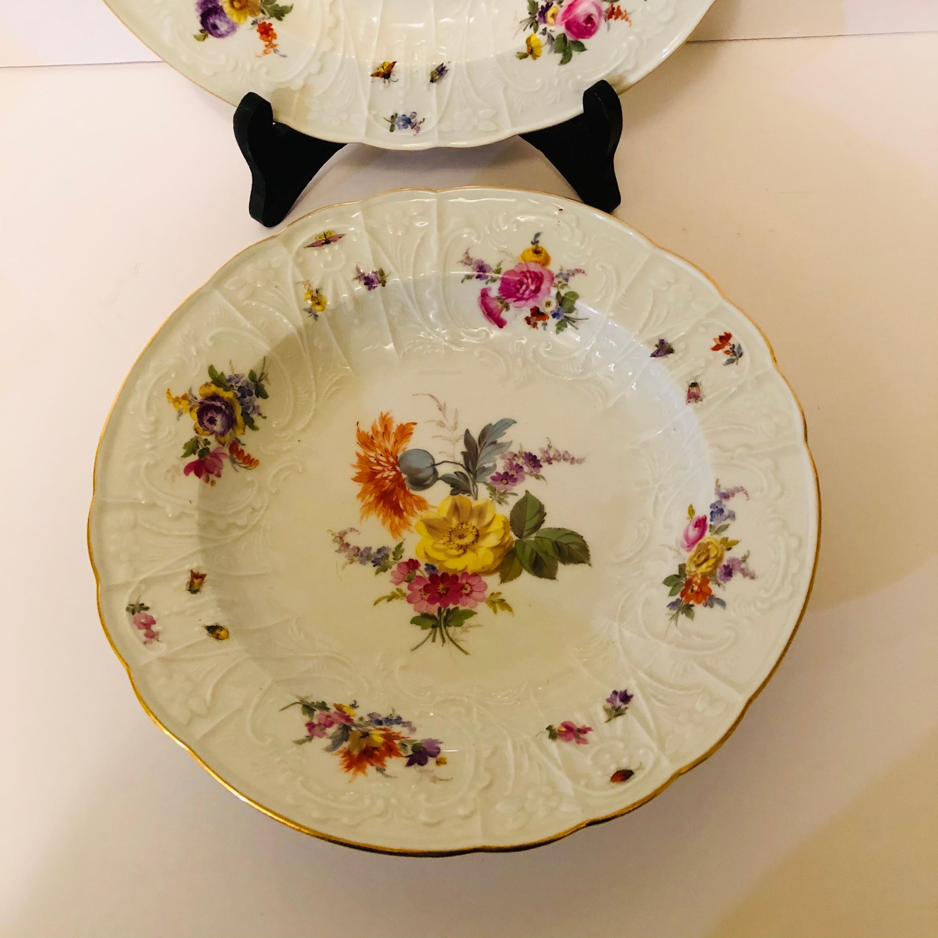 Pair of Meissen Museum Quality Bowls Painted with Flower Bouquets and Insects 1
