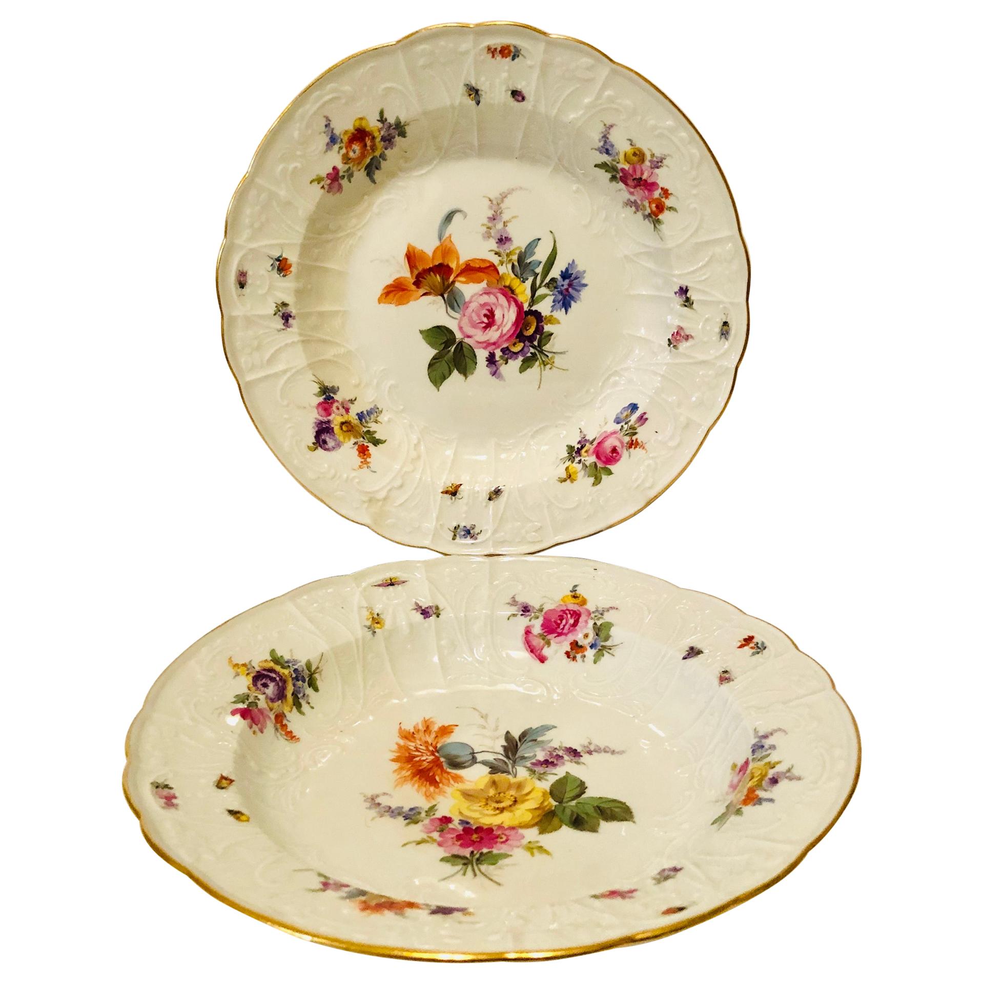 Pair of Meissen Museum Quality Bowls Painted with Flower Bouquets and Insects