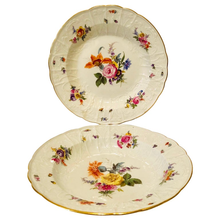 Pair of Meissen Museum Quality Bowls Painted with Flower Bouquets and Insects For Sale