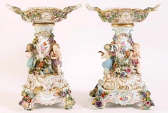 Pair of Meissen Neo-Rococo Figural Reticulated Centerpiece Compotes on Stands