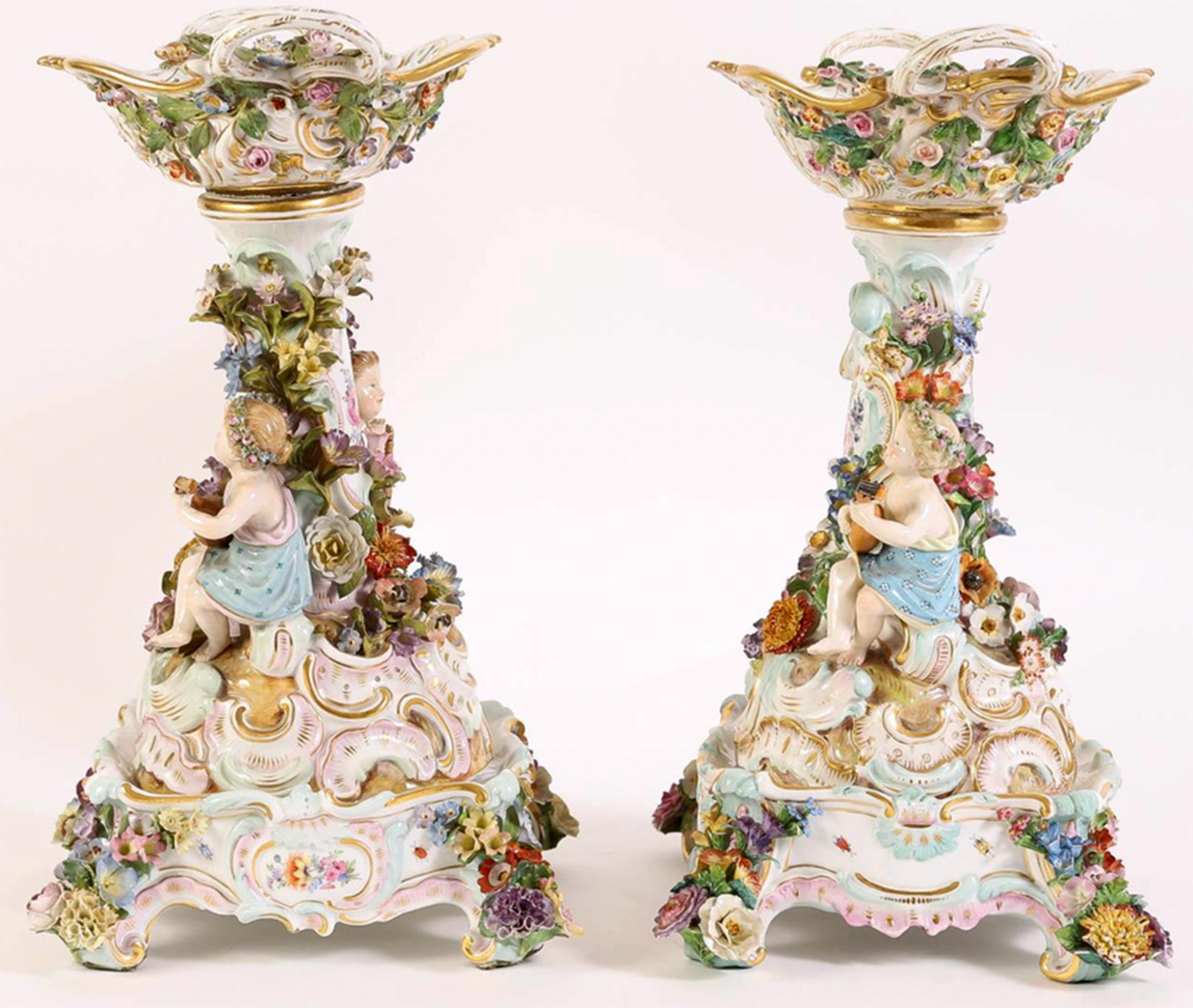 Rococo Revival Pair of Meissen Neo-Rococo Figural Reticulated Centerpiece Compotes on Stands For Sale