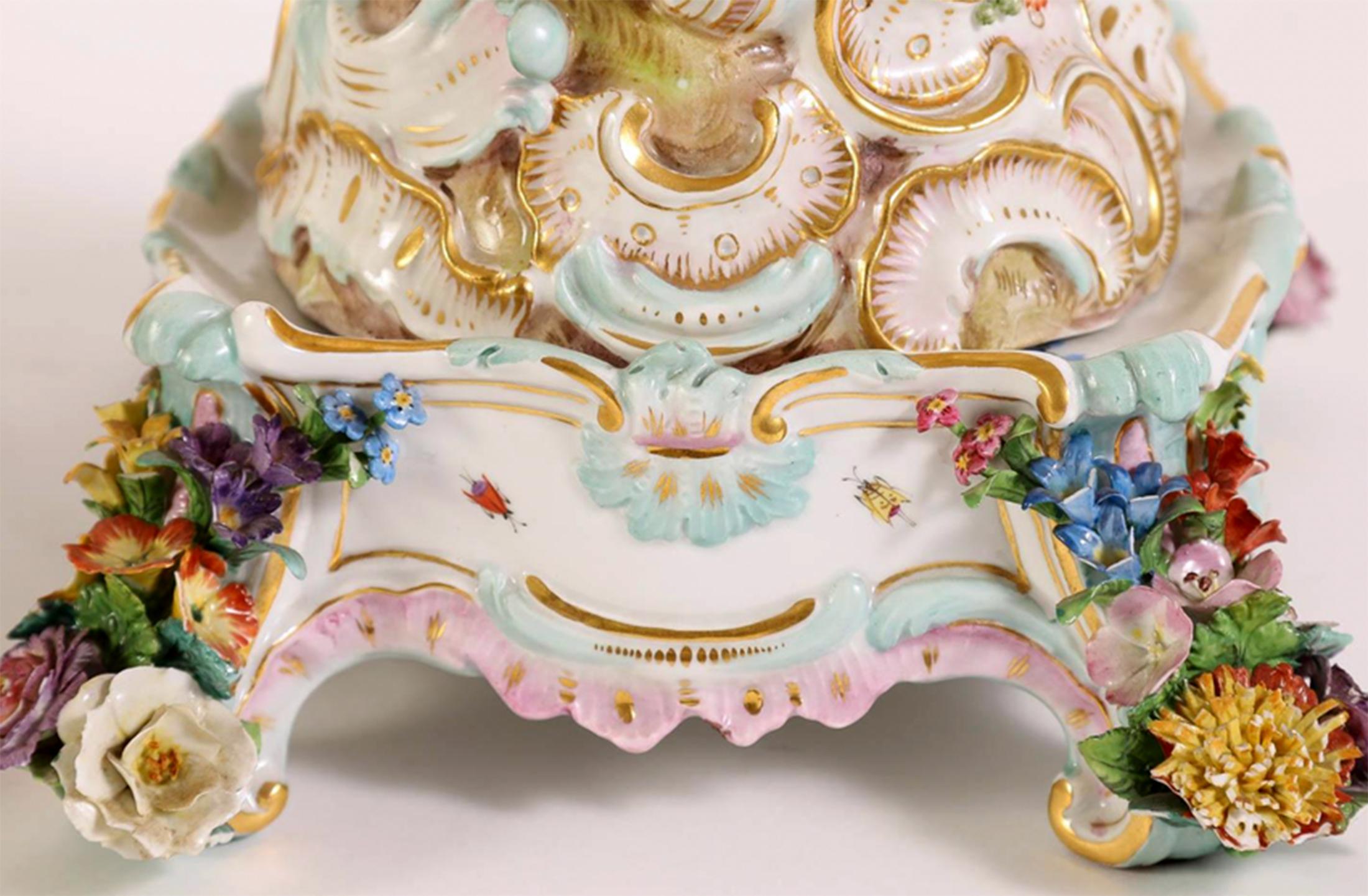 Glazed Pair of Meissen Neo-Rococo Figural Reticulated Centerpiece Compotes on Stands For Sale