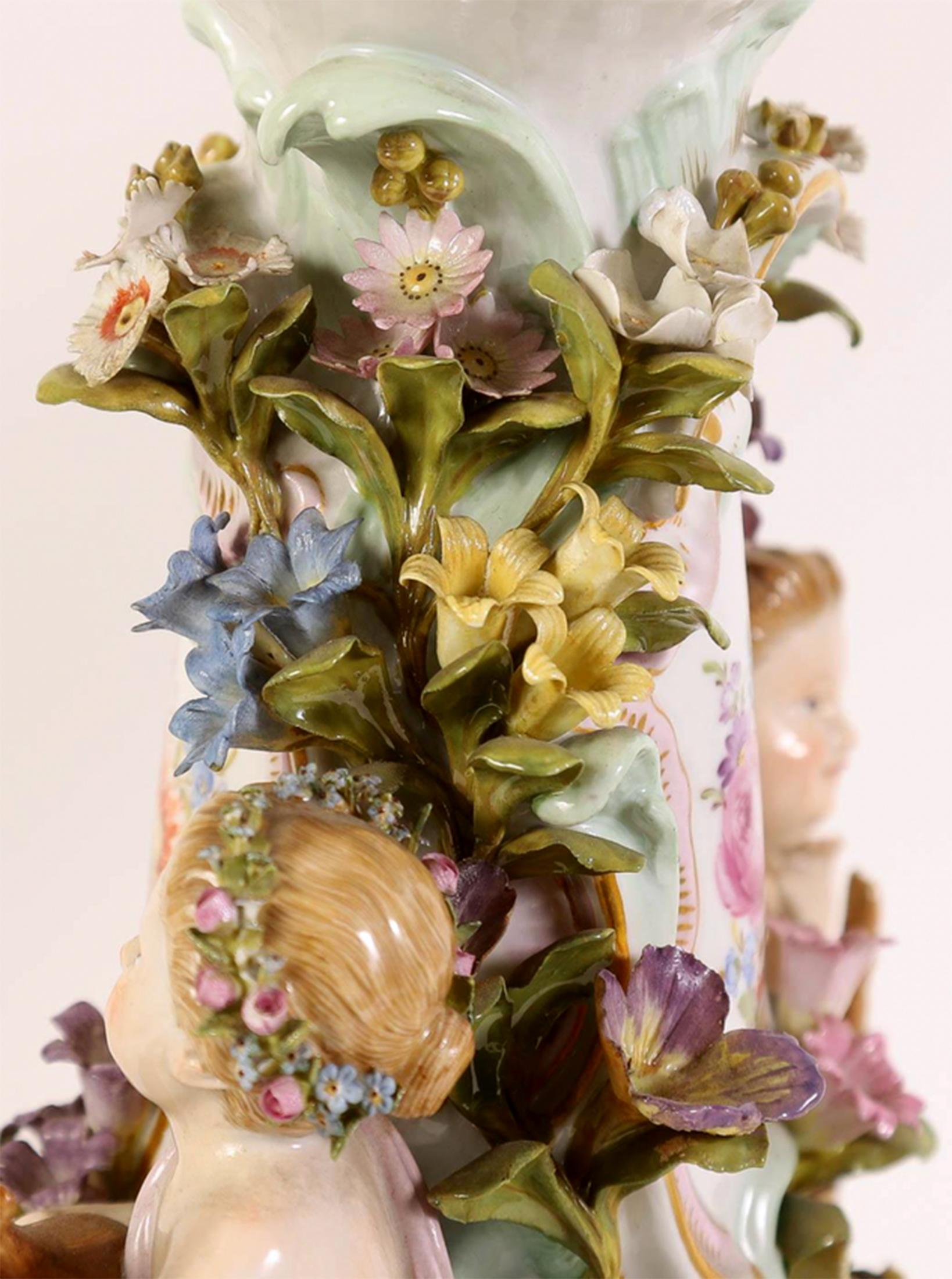 Porcelain Pair of Meissen Neo-Rococo Figural Reticulated Centerpiece Compotes on Stands For Sale