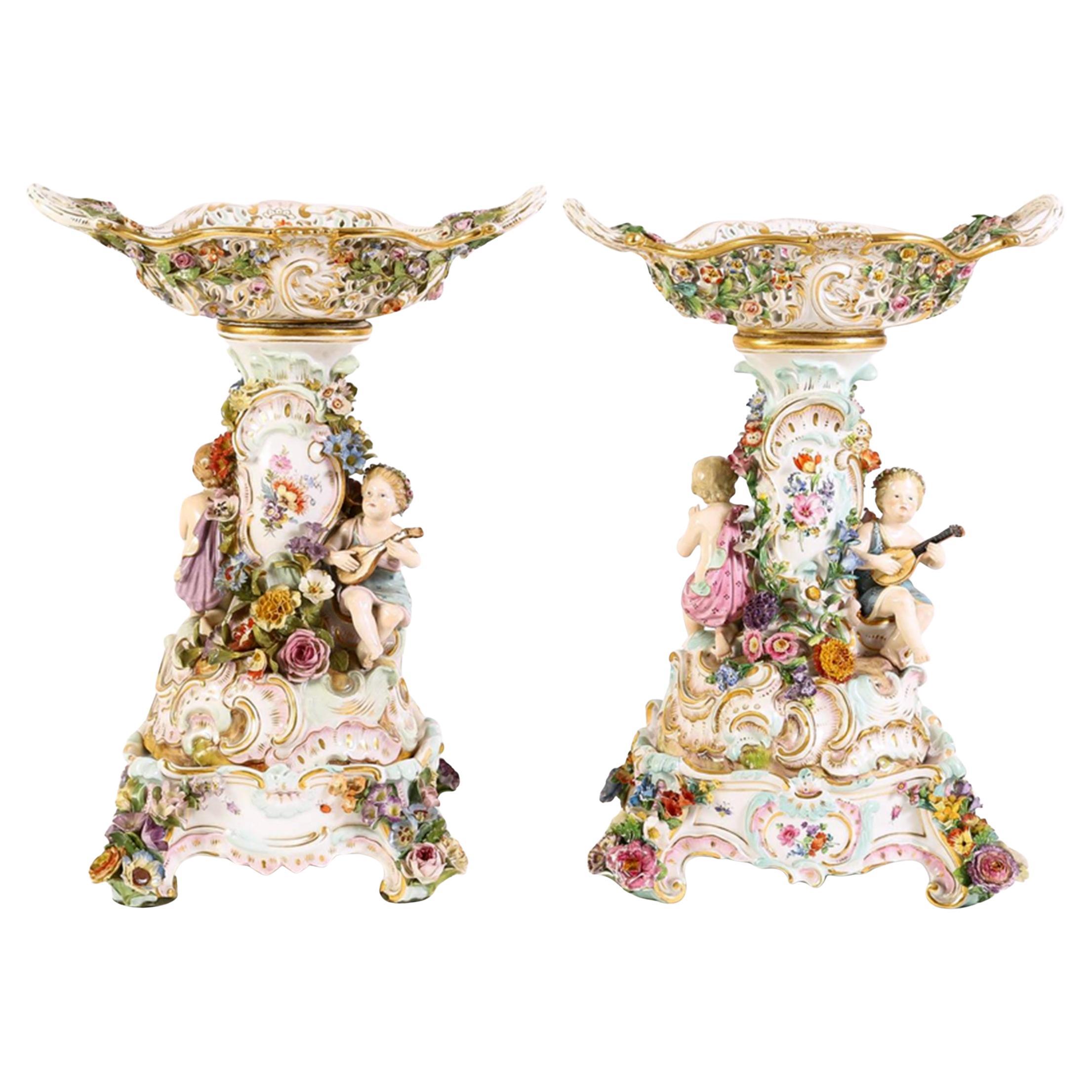 Pair of Meissen Neo-Rococo Figural Reticulated Centerpiece Compotes on Stands