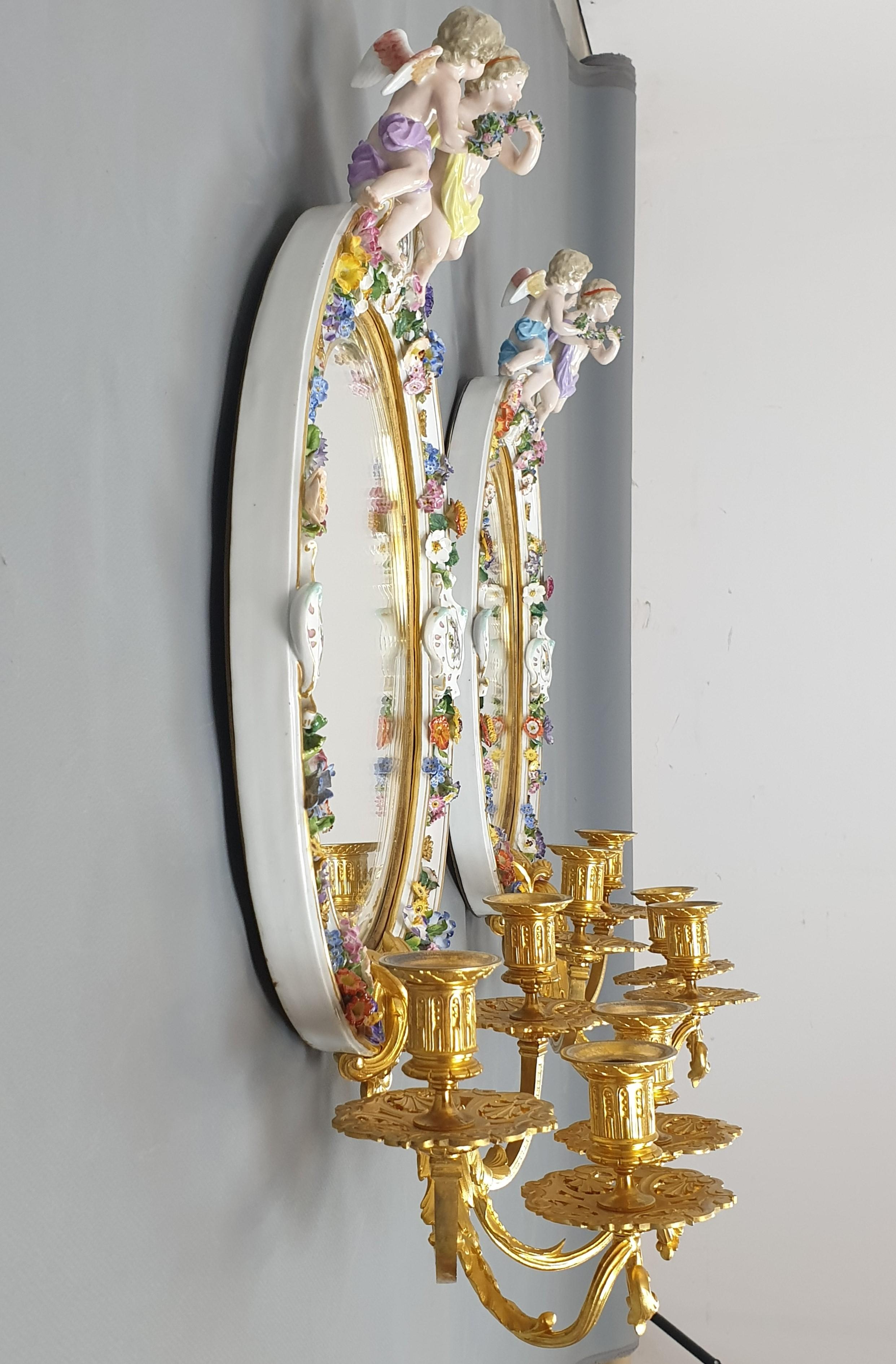 Pair of Meissen Porcelain and Gilded Bronze Mirror Wall Scones 1870 5