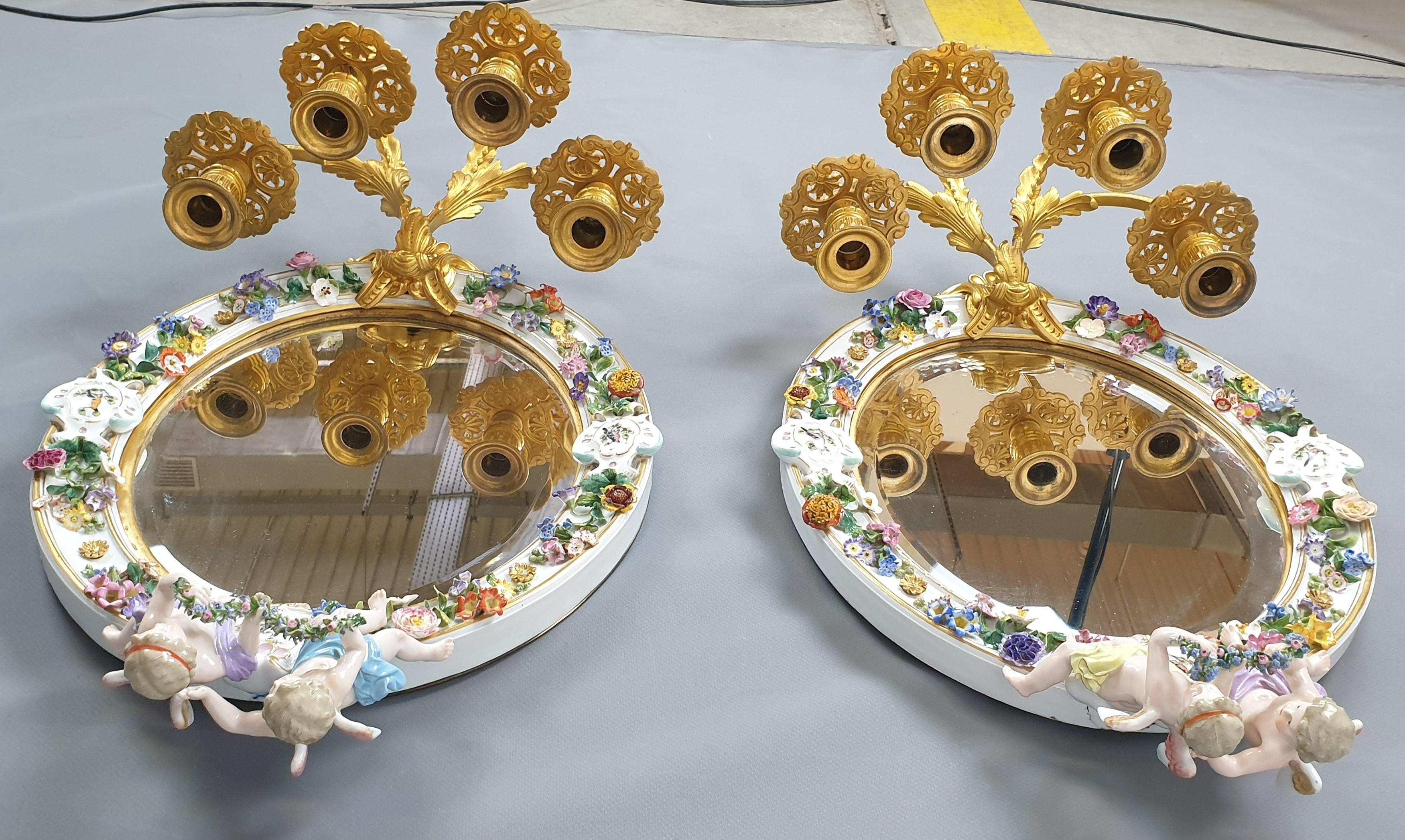 Pair of Meissen Porcelain and Gilded Bronze Mirror Wall Scones 1870 10