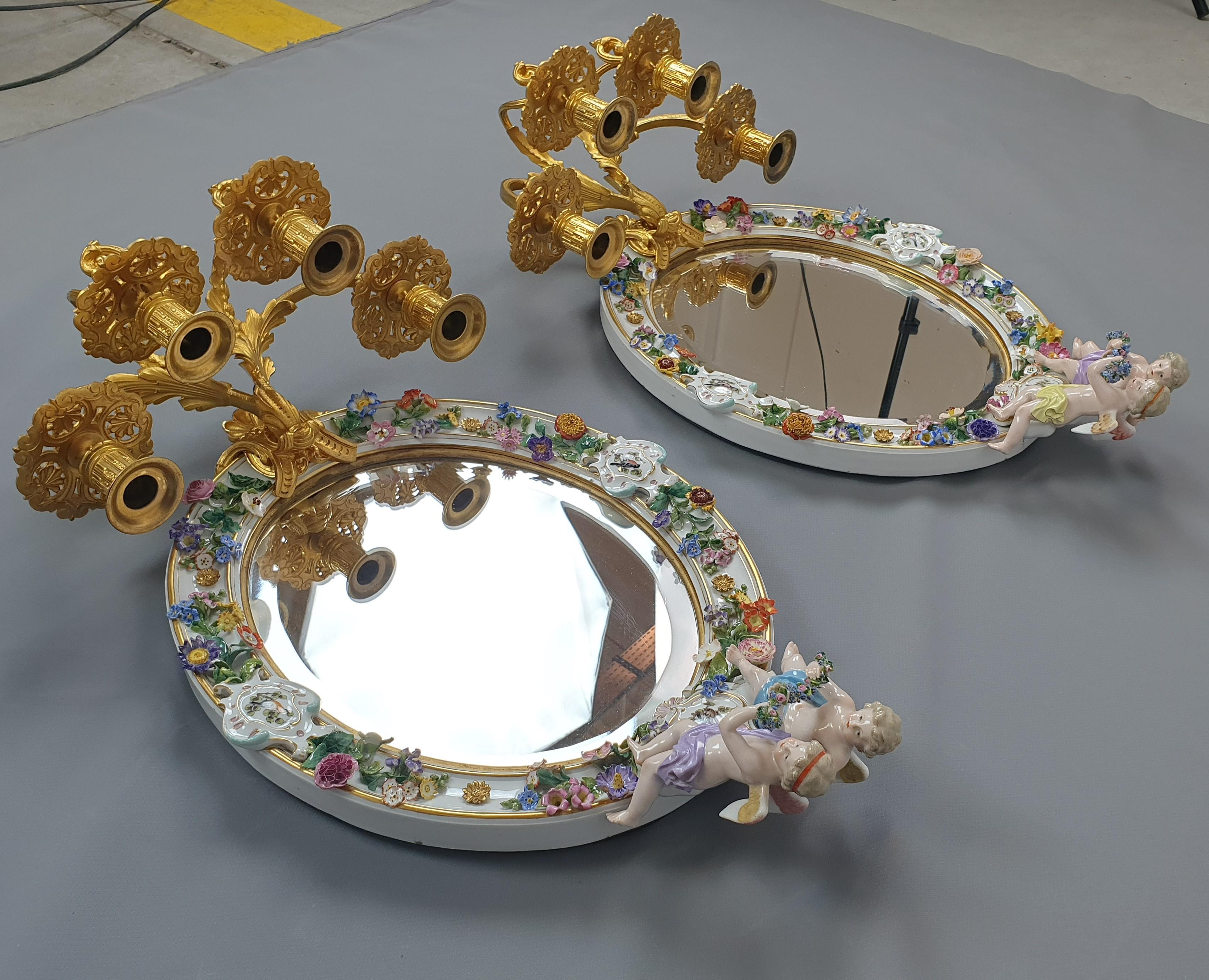 Pair of Meissen Porcelain and Gilded Bronze Mirror Wall Scones 1870 11