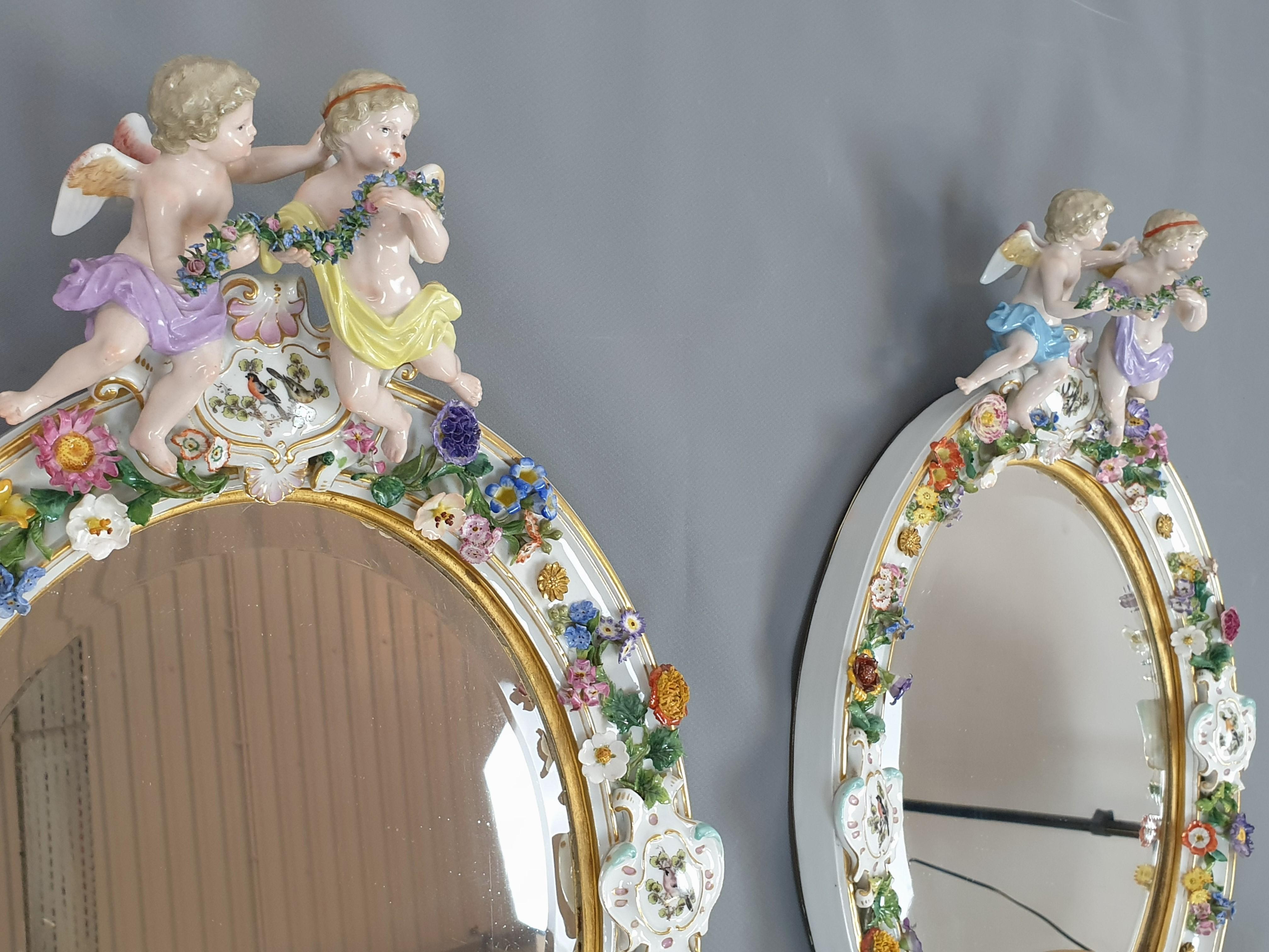 19th Century Pair of Meissen Porcelain and Gilded Bronze Mirror Wall Scones 1870