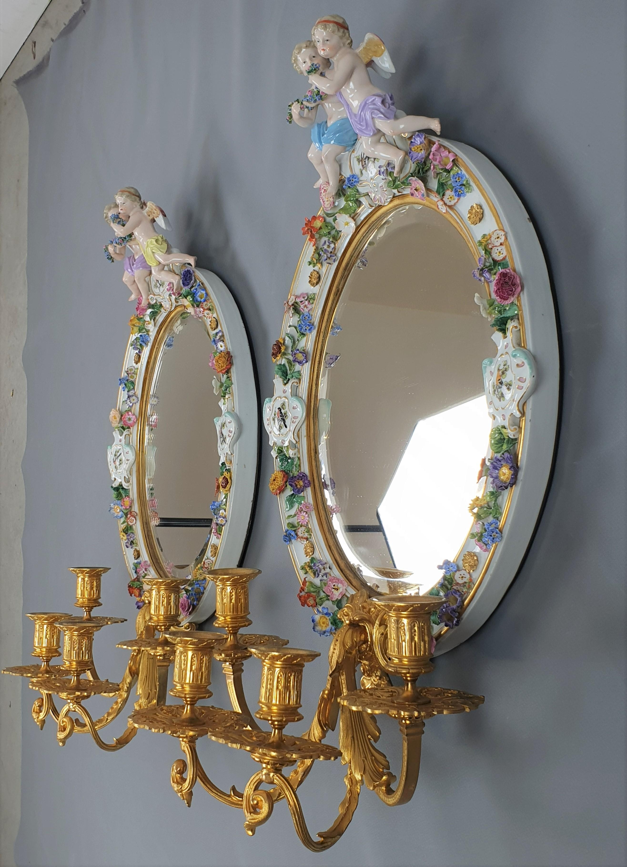 Pair of Meissen Porcelain and Gilded Bronze Mirror Wall Scones 1870 4