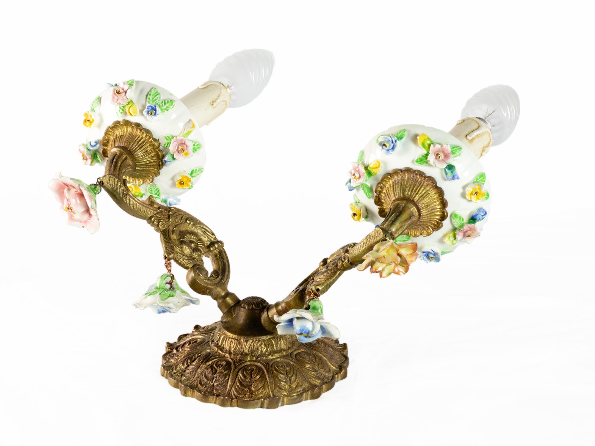 German Pair of Meissen Porcelain Bronze Sconces, Early 20th Century For Sale