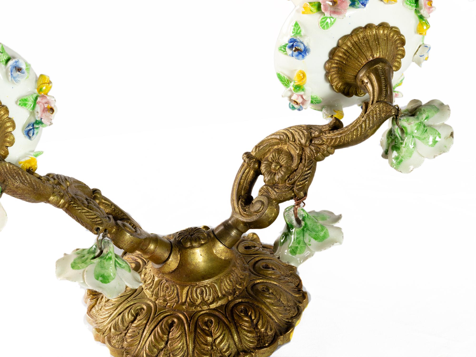 Metal Pair of Meissen Porcelain Bronze Sconces, Early 20th Century For Sale