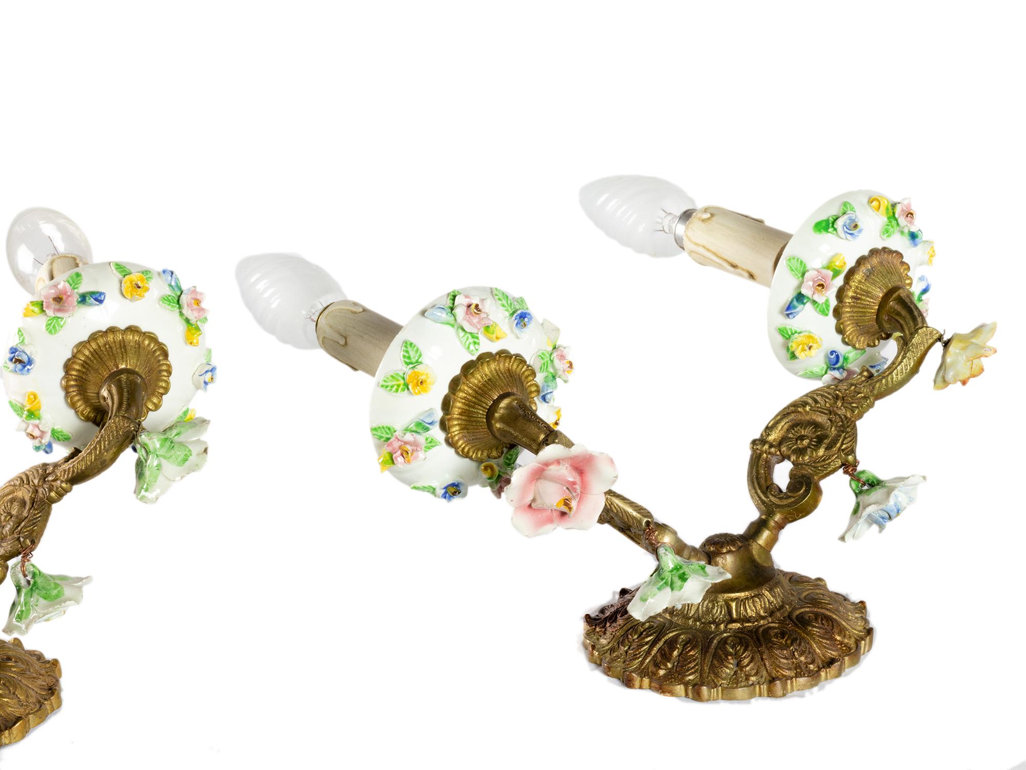 Metal Pair of Meissen Porcelain Bronze Sconces, Early 20th Century For Sale