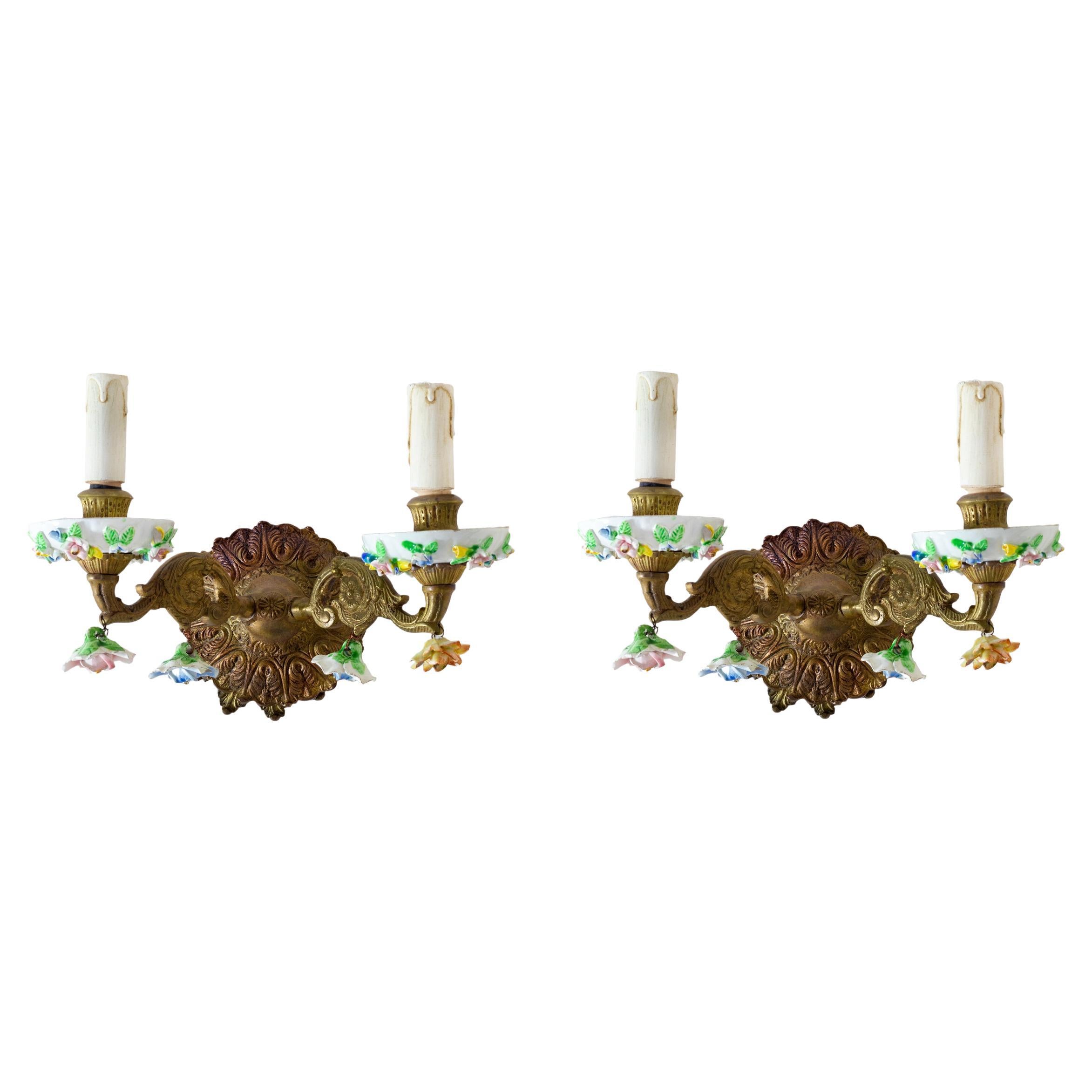 Pair of Meissen Porcelain Bronze Sconces, Early 20th Century For Sale