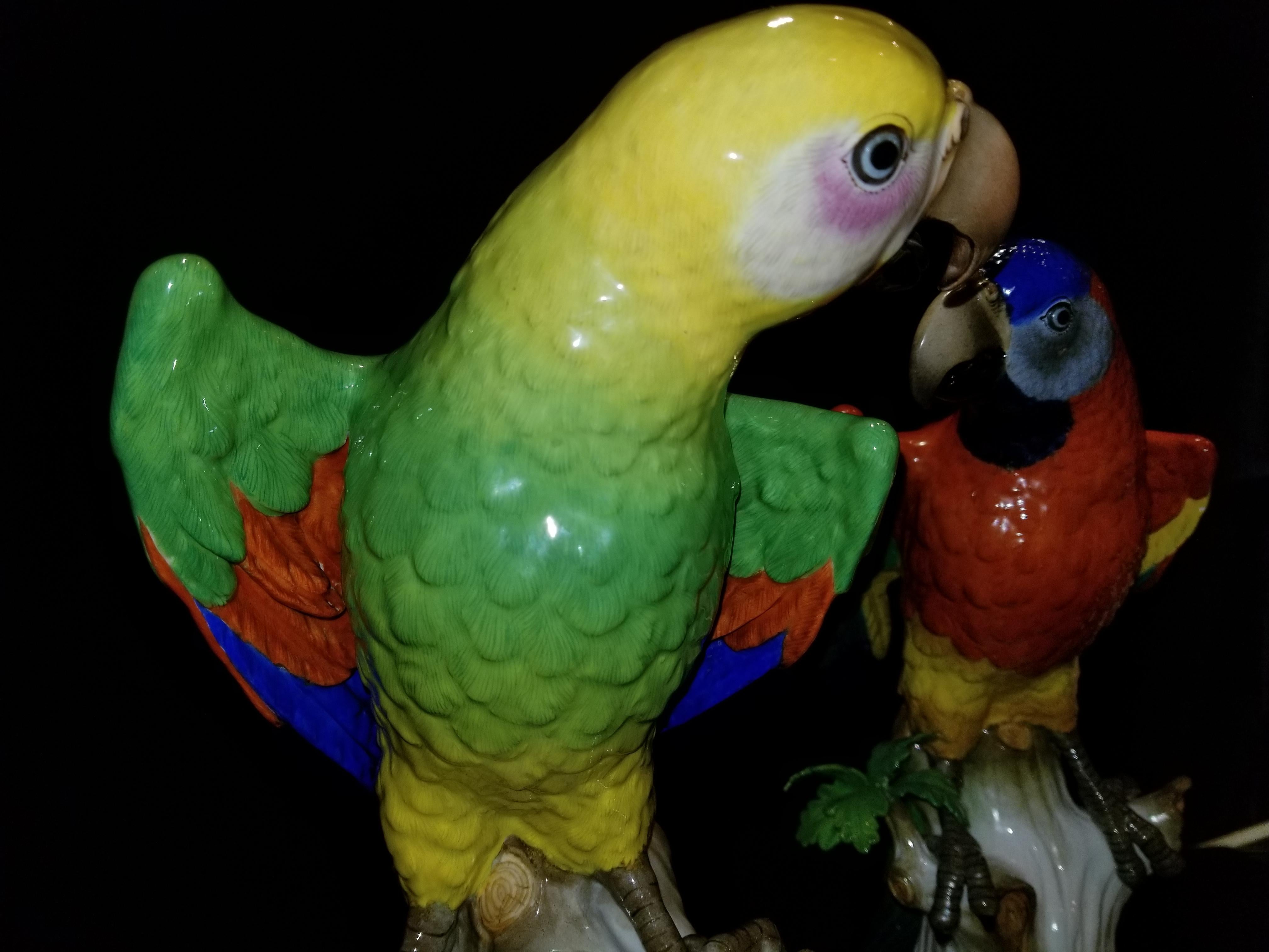 Late 19th Century Pair of Meissen Porcelain Figures of Parrots Standing on Branches W/ Cherries For Sale