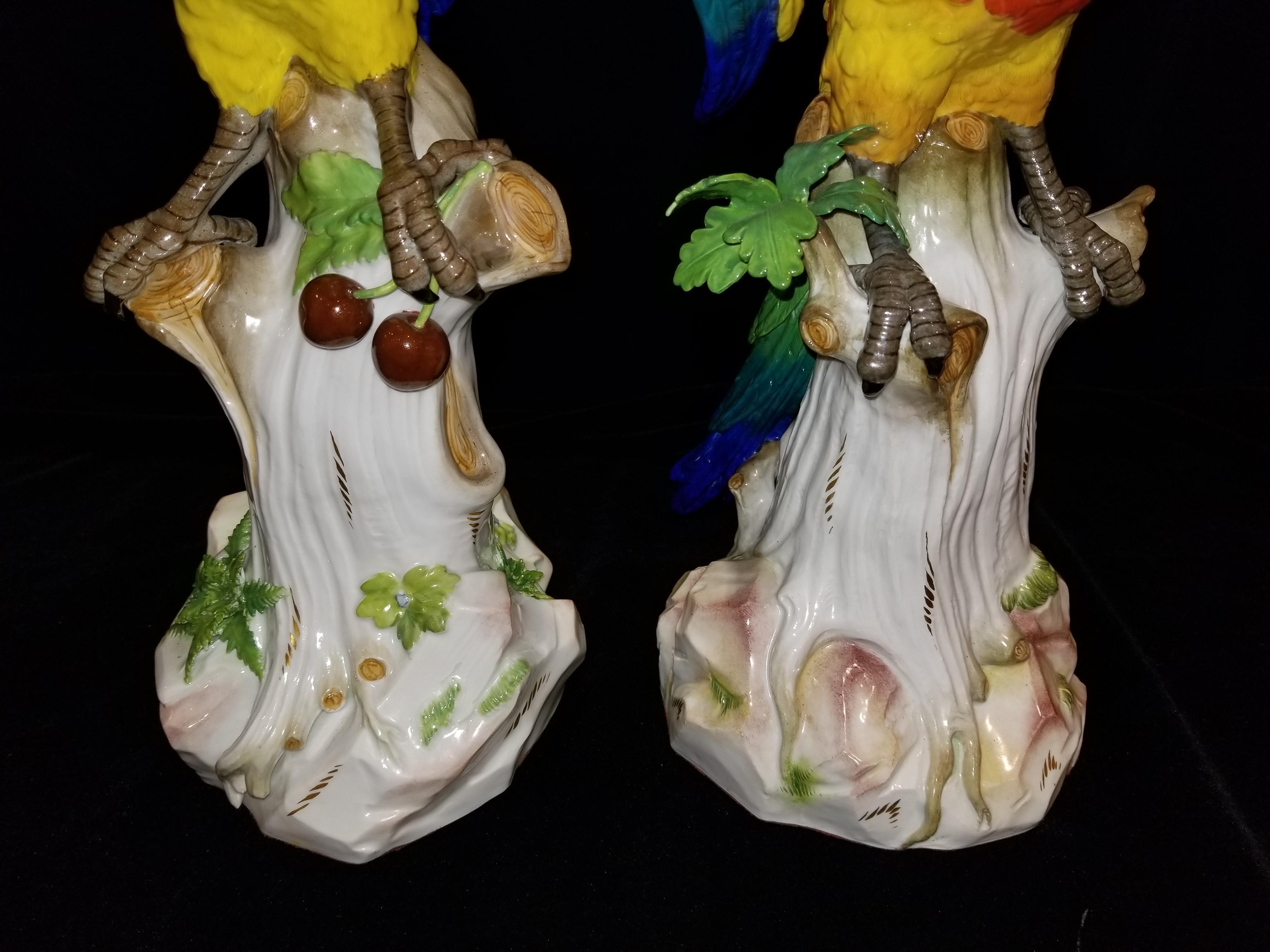 Pareja de figuras de porcelana de Meissen de loros sobre ramas con cerezas en venta 8