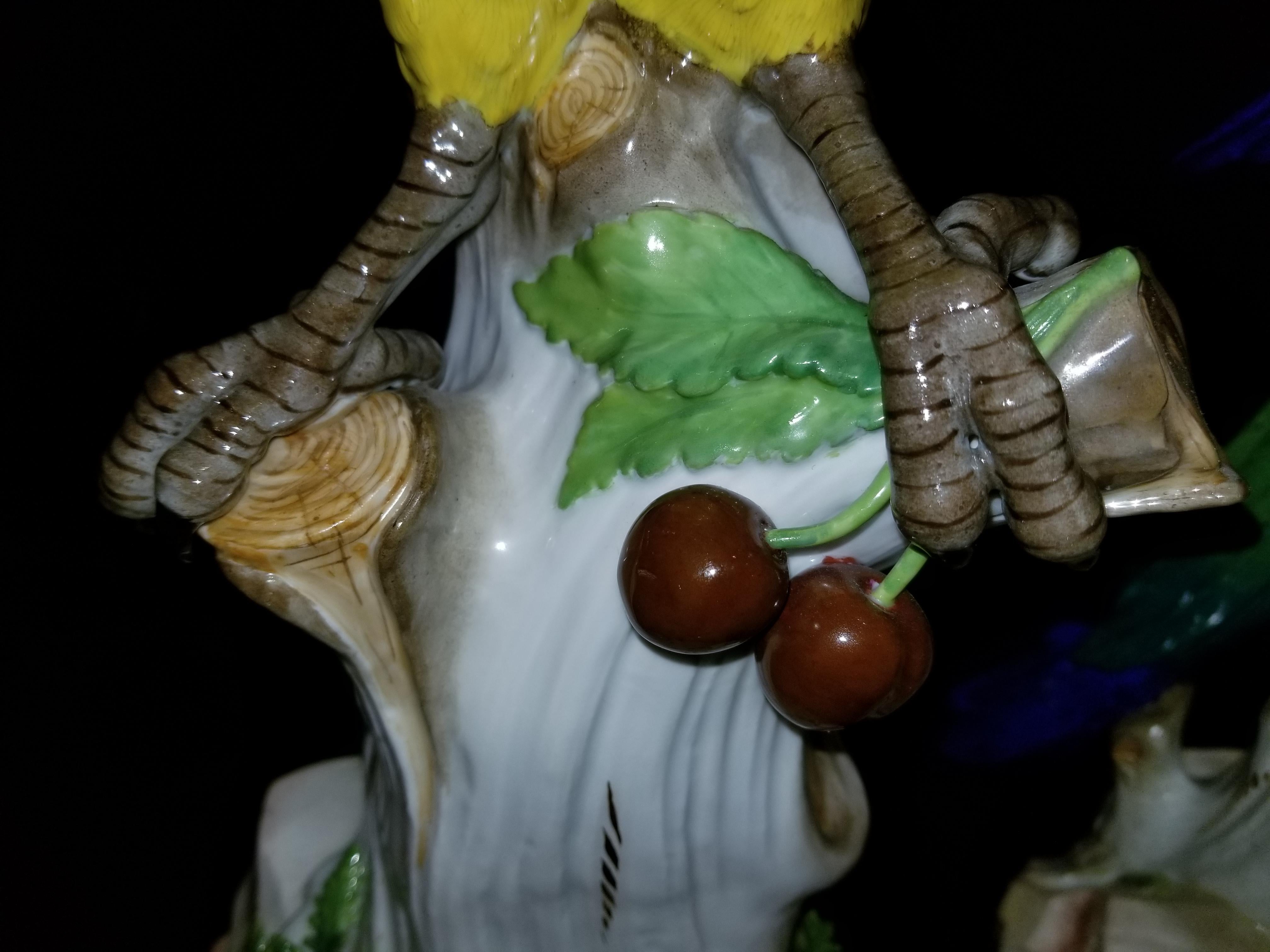 Pareja de figuras de porcelana de Meissen de loros sobre ramas con cerezas en venta 9