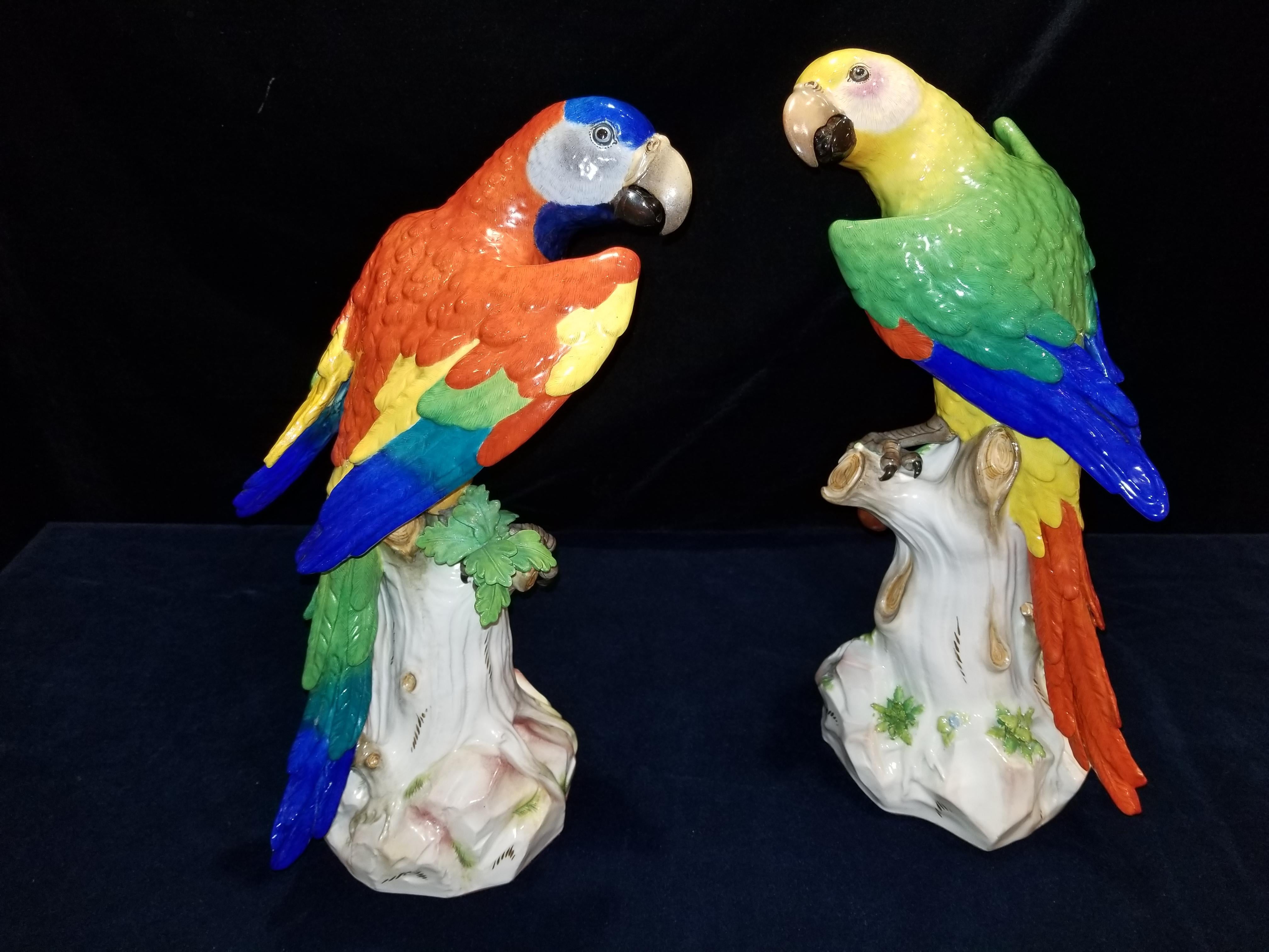 Magnifique et grande paire de figurines anciennes en porcelaine de Meissen représentant des perroquets colorés, chacun se tenant sur une branche d'arbre avec des cerises et un beau feuillage, d'après un modèle de J. J. Kandler. Les deux perroquets