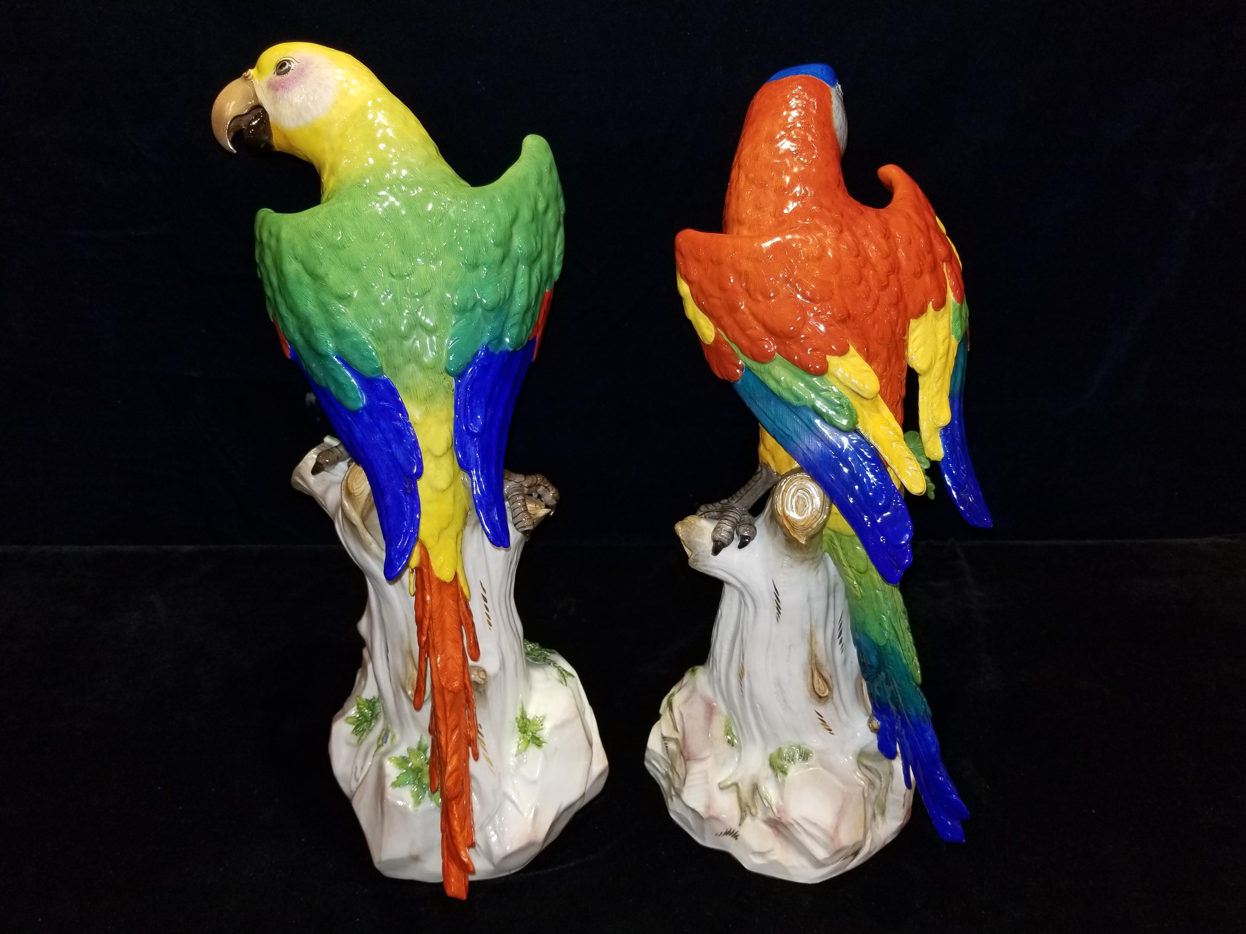 Rococo Pair of Meissen Porcelain Figures of Parrots Standing on Branches W/ Cherries For Sale