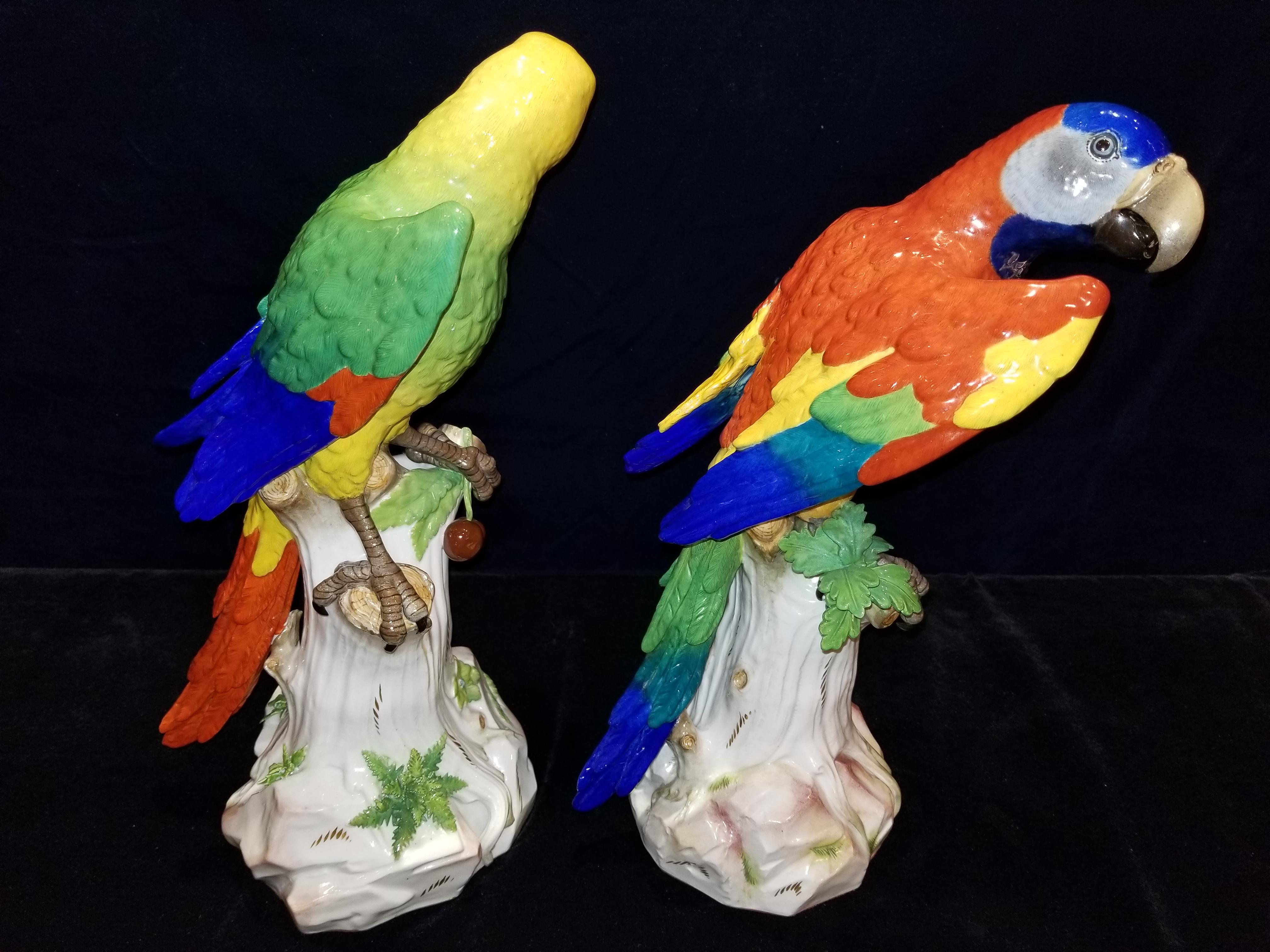 German Pair of Meissen Porcelain Figures of Parrots Standing on Branches W/ Cherries For Sale