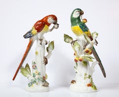 Pair of Meissen Porcelain Figures of Parrots with Cherries, Insects and Flowers