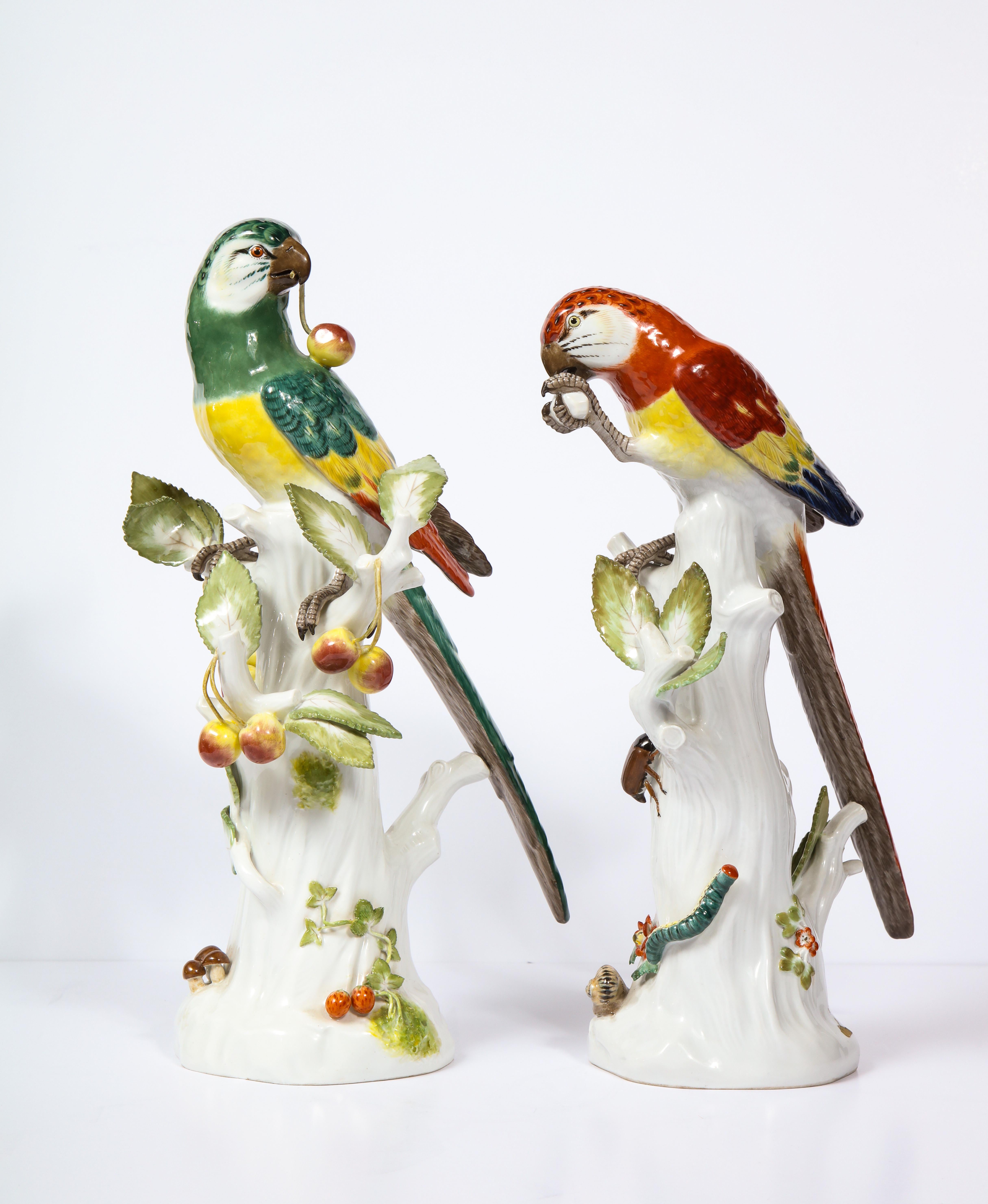 Rococo Pair of Meissen Porcelain Figures of Parrots with Cherries, Insects and Flowers