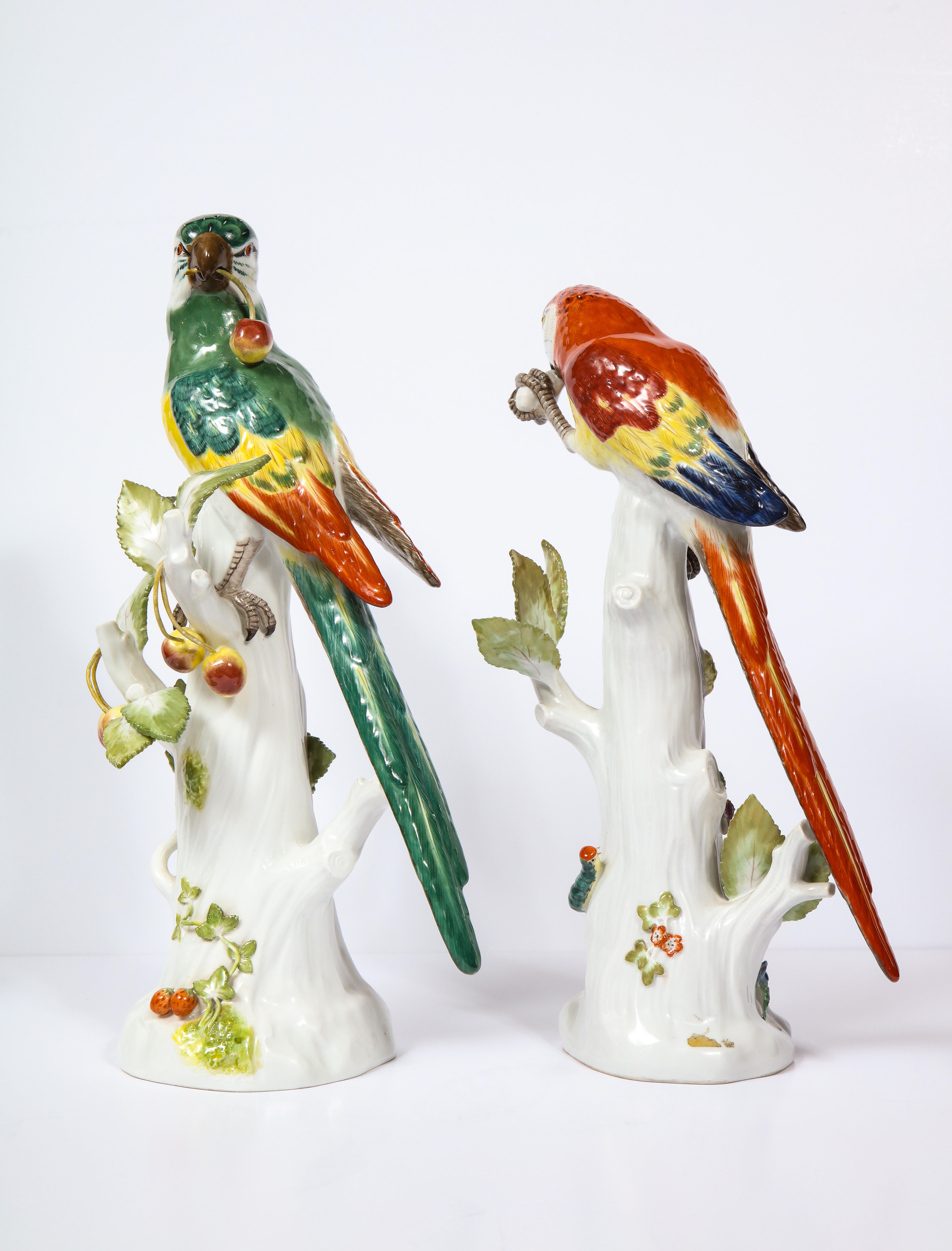 German Pair of Meissen Porcelain Figures of Parrots with Cherries, Insects and Flowers
