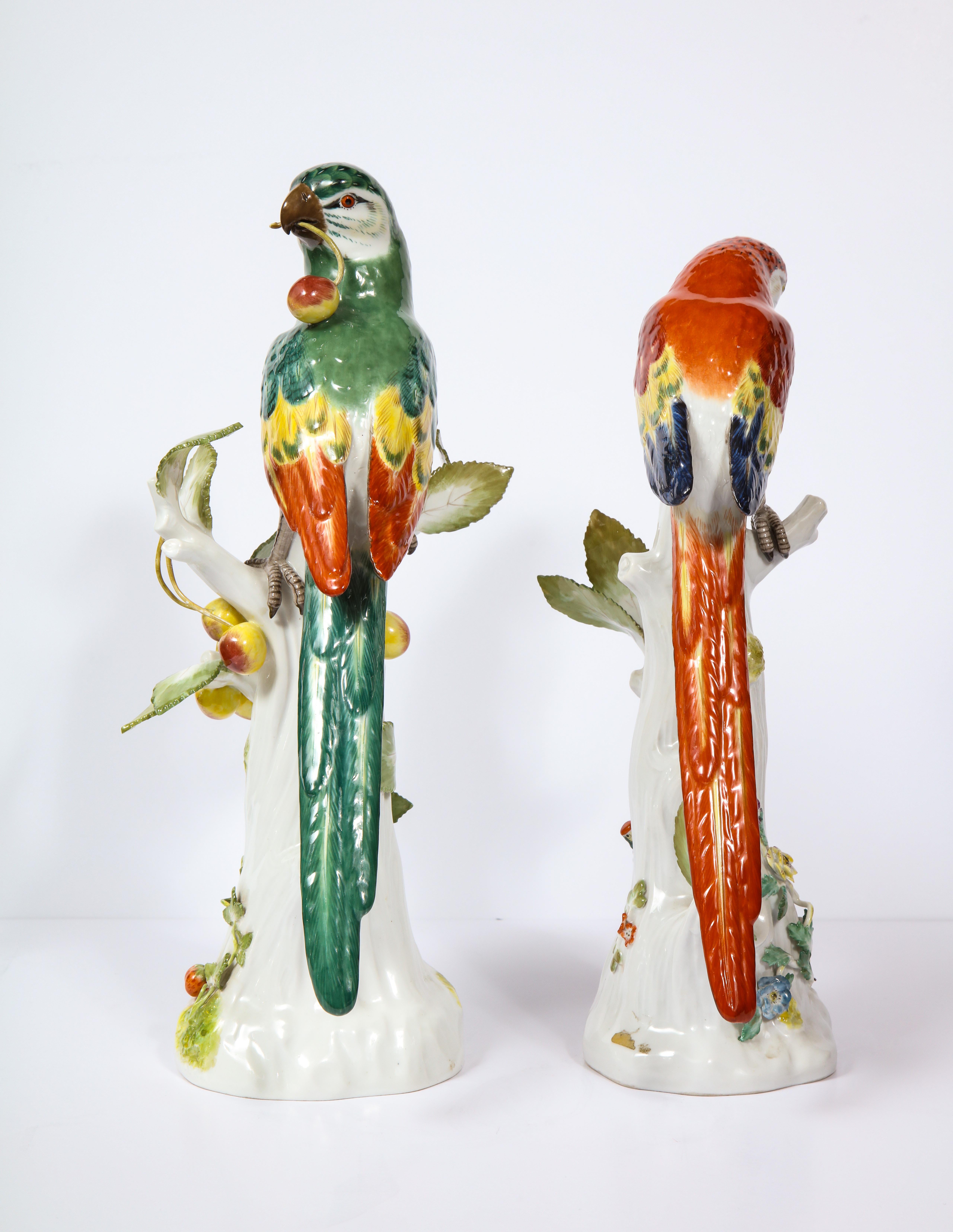 Hand-Painted Pair of Meissen Porcelain Figures of Parrots with Cherries, Insects and Flowers