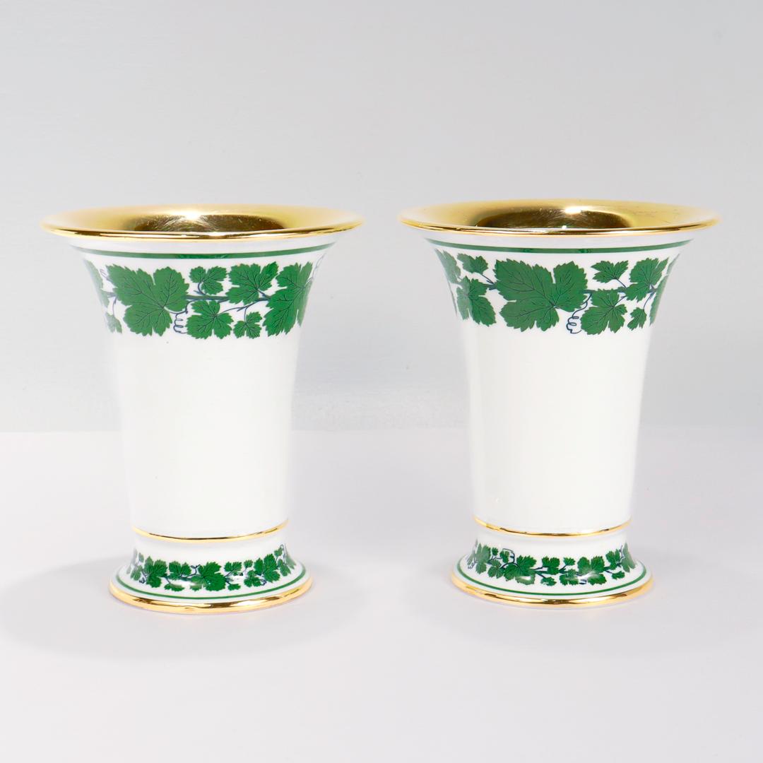 20th Century Pair of Meissen Porcelain Ivy or Grapeleaf Pattern Trumpet Flower Vases For Sale