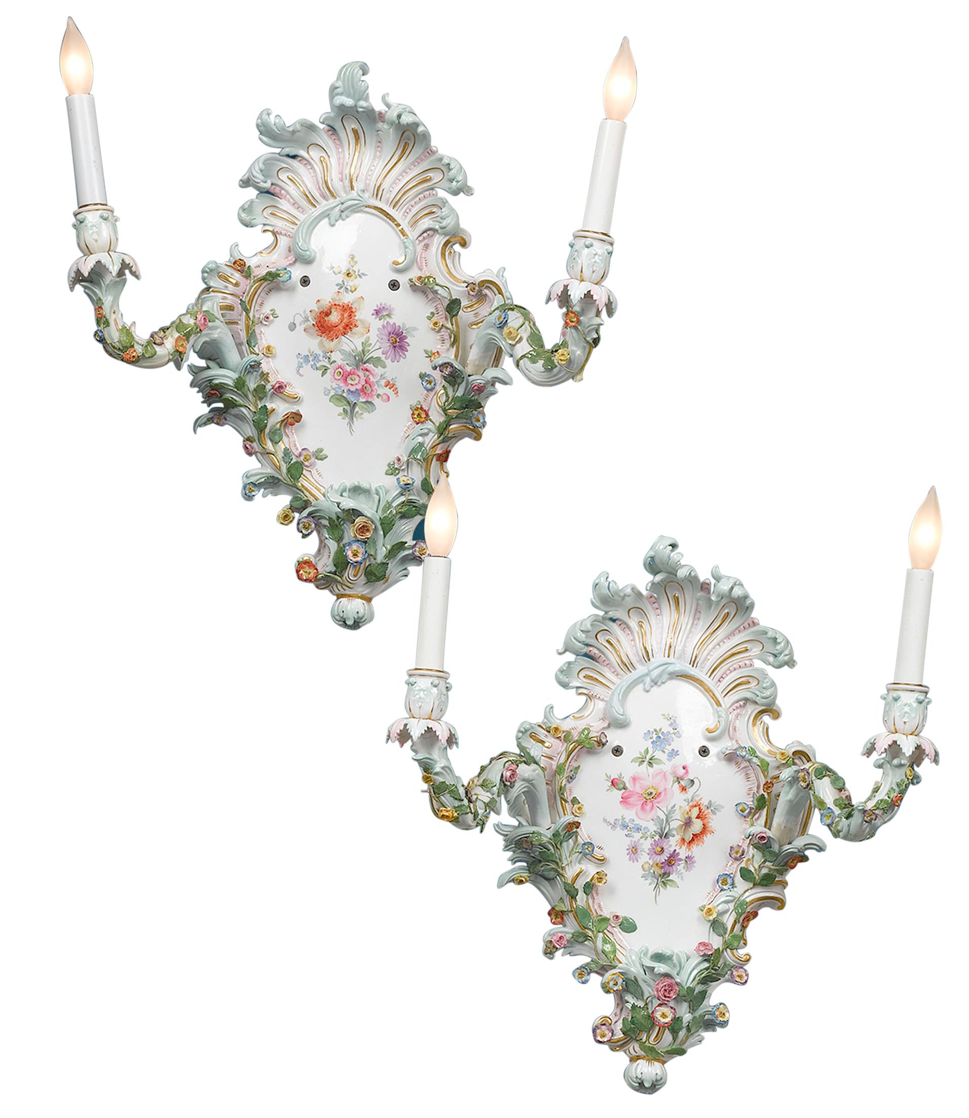 German Pair of Meissen Porcelain Sconces For Sale