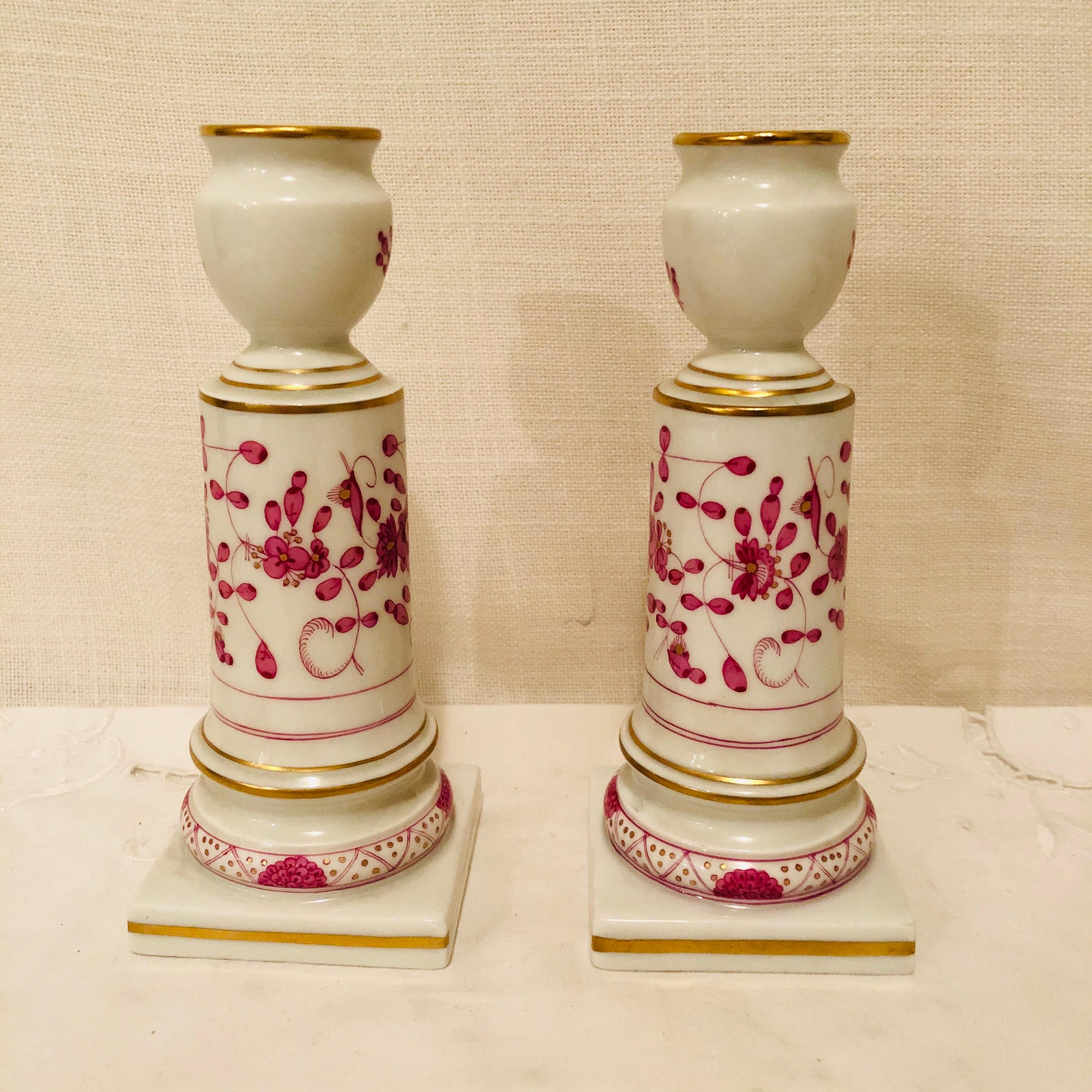 We want to offer you this pair of Meissen purple Indian candlesticks. The Meissen purple Indian pattern is one of the most beautiful patterns that the Meissen porcelain company makes, these candlesticks are just the right size for your table, as