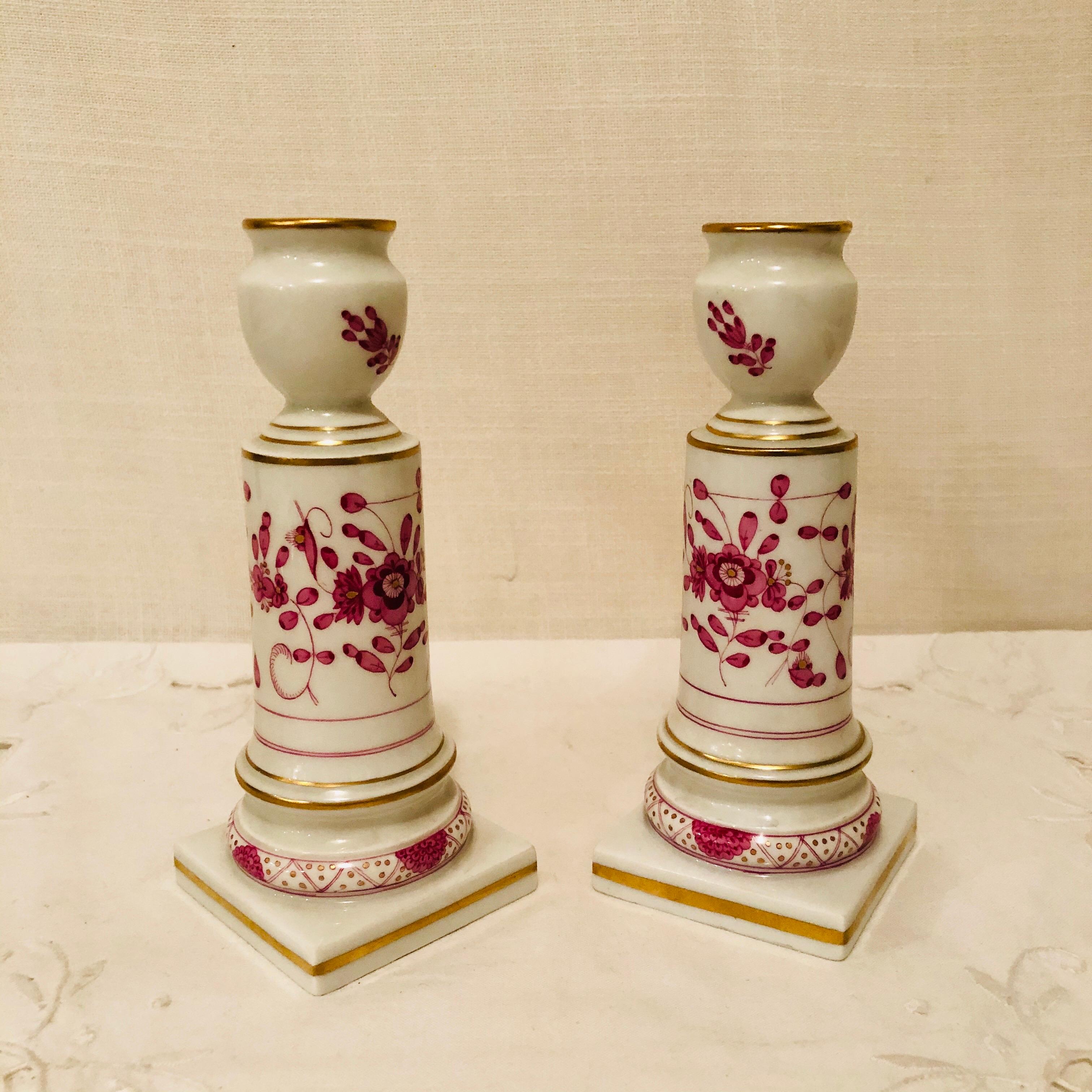 German Pair of Meissen Purple Indian Candlesticks First Quality