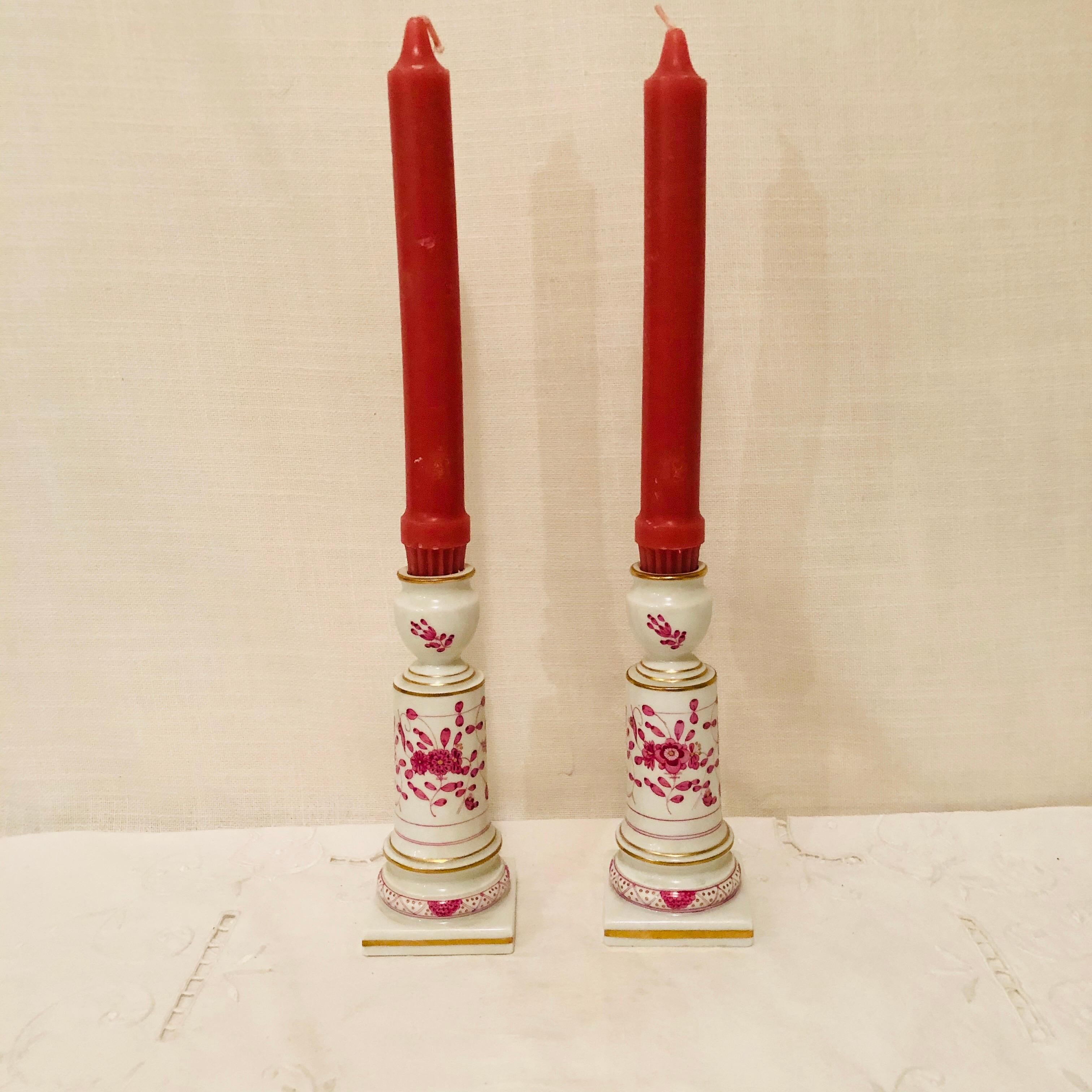 Pair of Meissen Purple Indian Candlesticks First Quality In Excellent Condition In Boston, MA