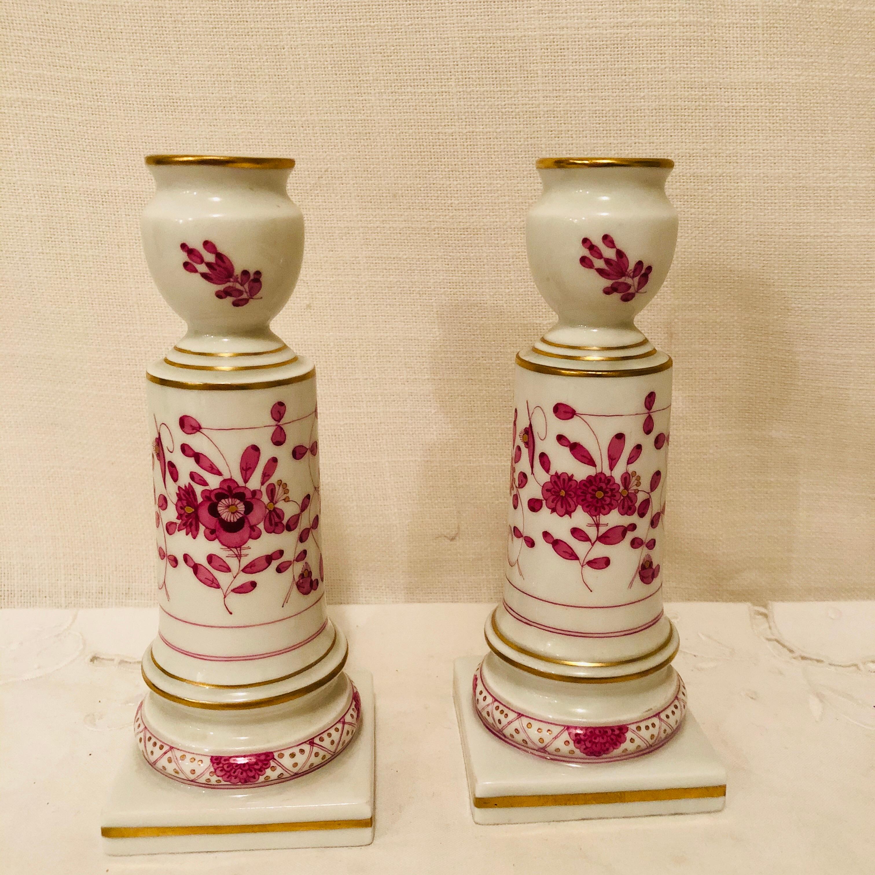Mid-20th Century Pair of Meissen Purple Indian Candlesticks First Quality