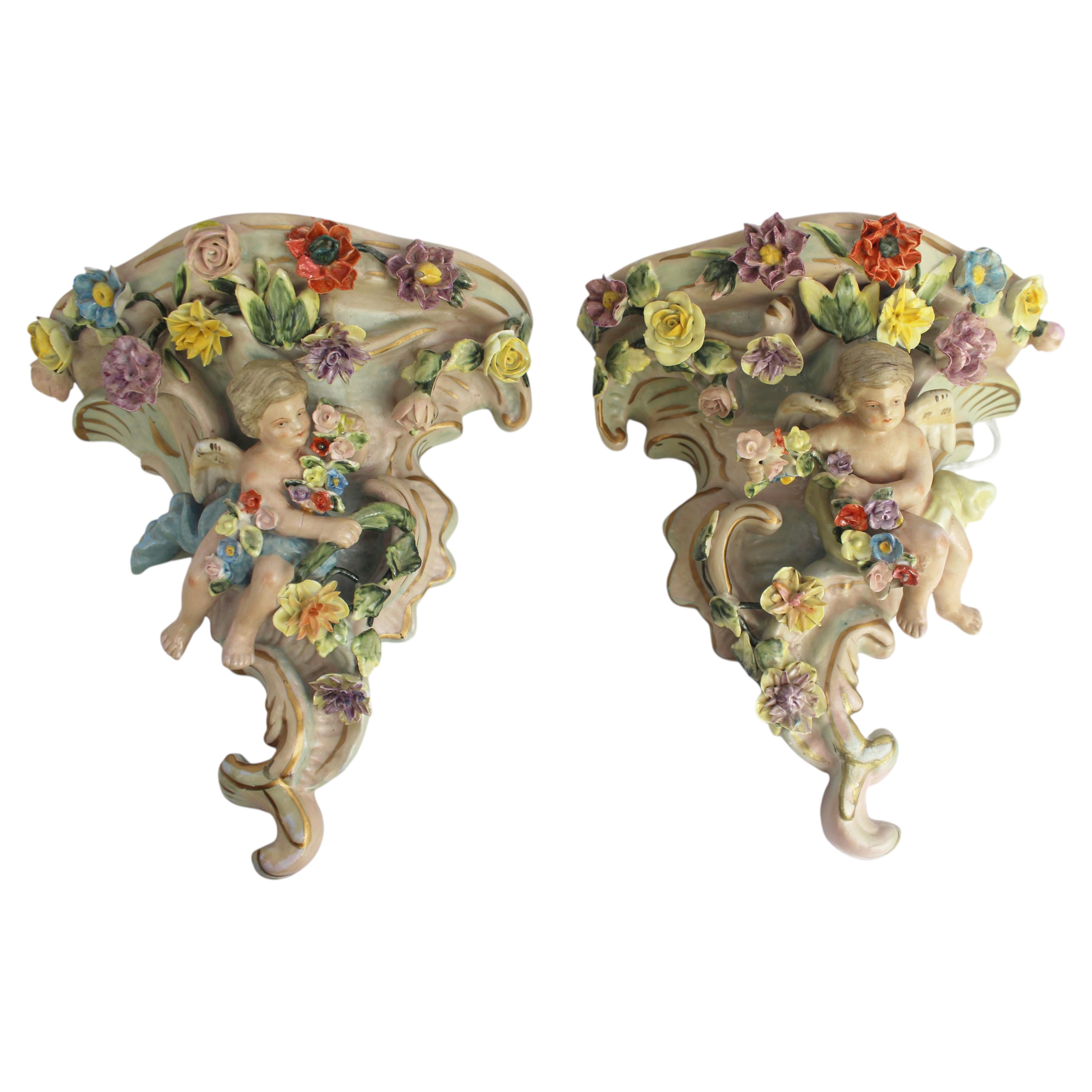 Pair of Meissen Rococo Revival Porcelain Cherub Wall Corbels