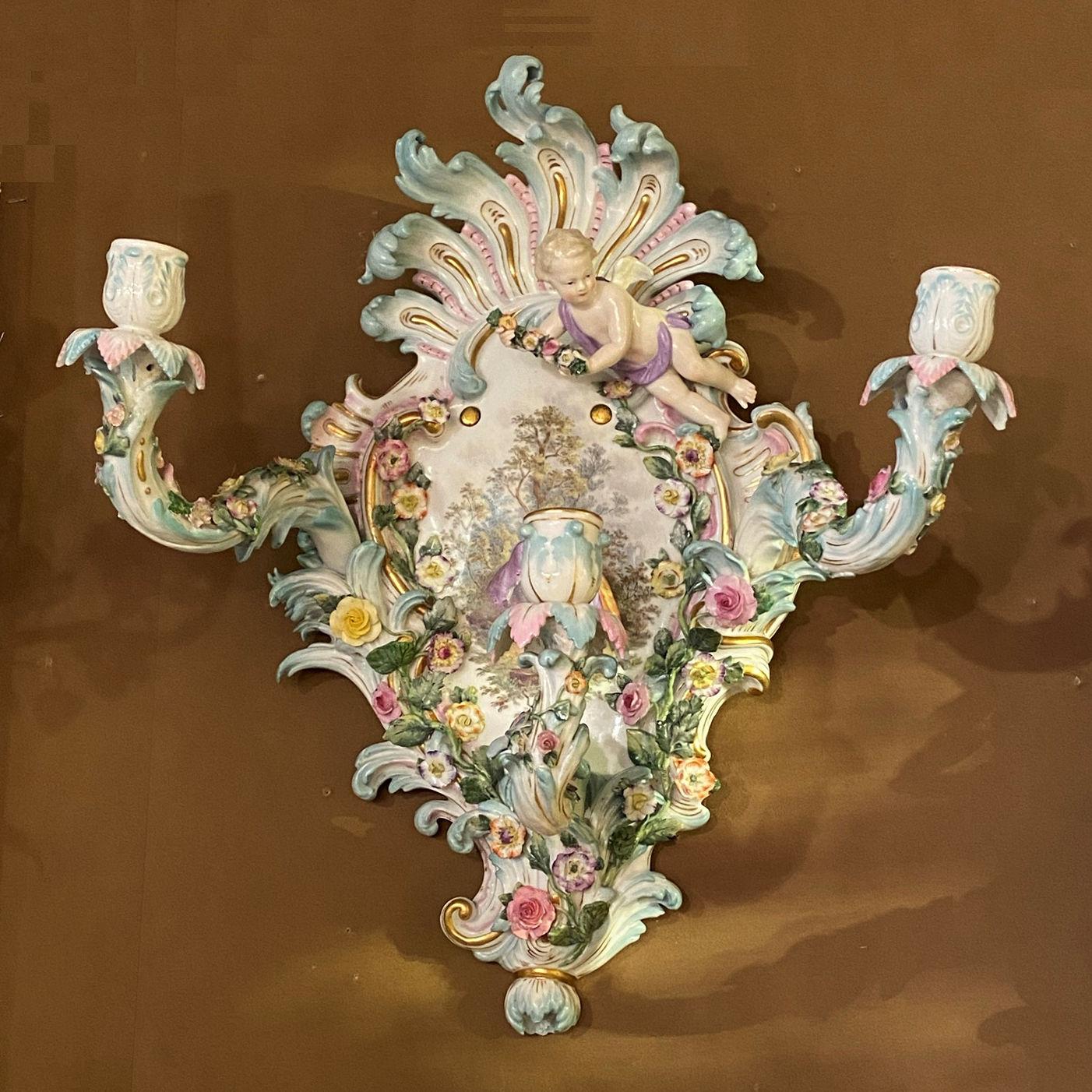 Pair of large 19 century Meissen Rococo style flower encrusted three lights wall appliques / sconces.
