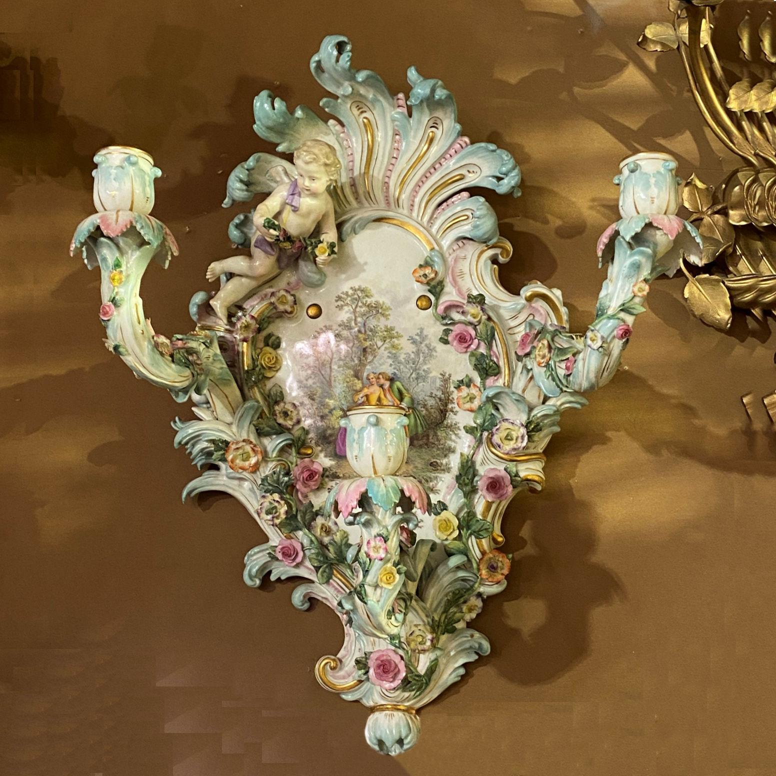 Rococo Revival Pair of Meissen Rococo Style Flower Encrusted Wall Appliques / Sconces