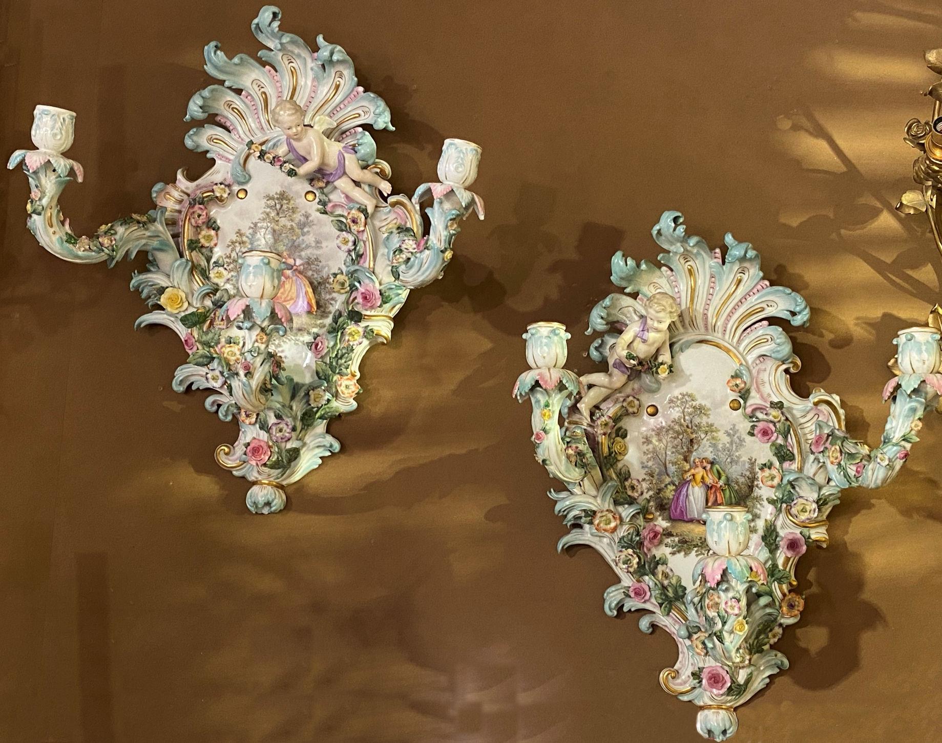 German Pair of Meissen Rococo Style Flower Encrusted Wall Appliques / Sconces