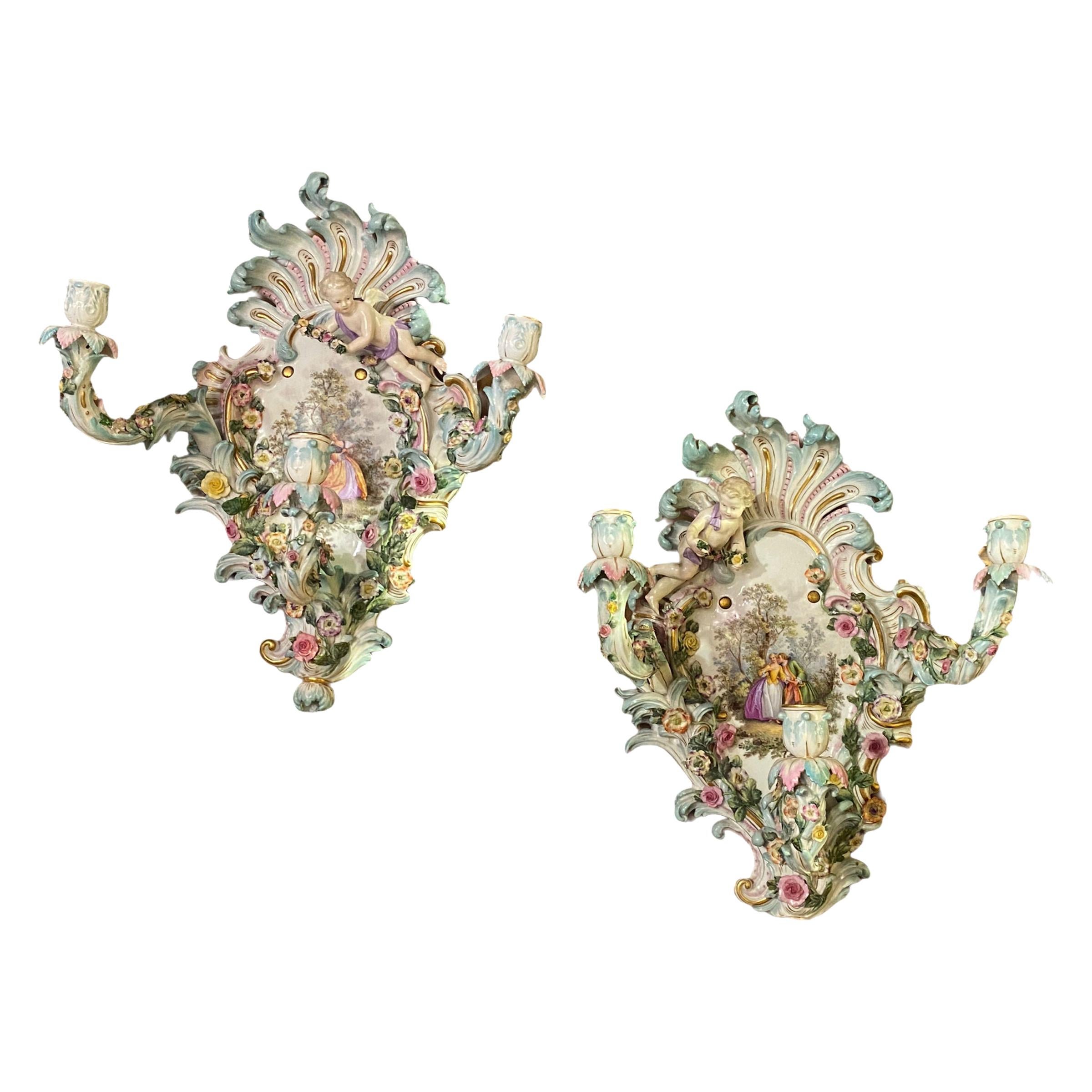 Pair of Meissen Rococo Style Flower Encrusted Wall Appliques / Sconces