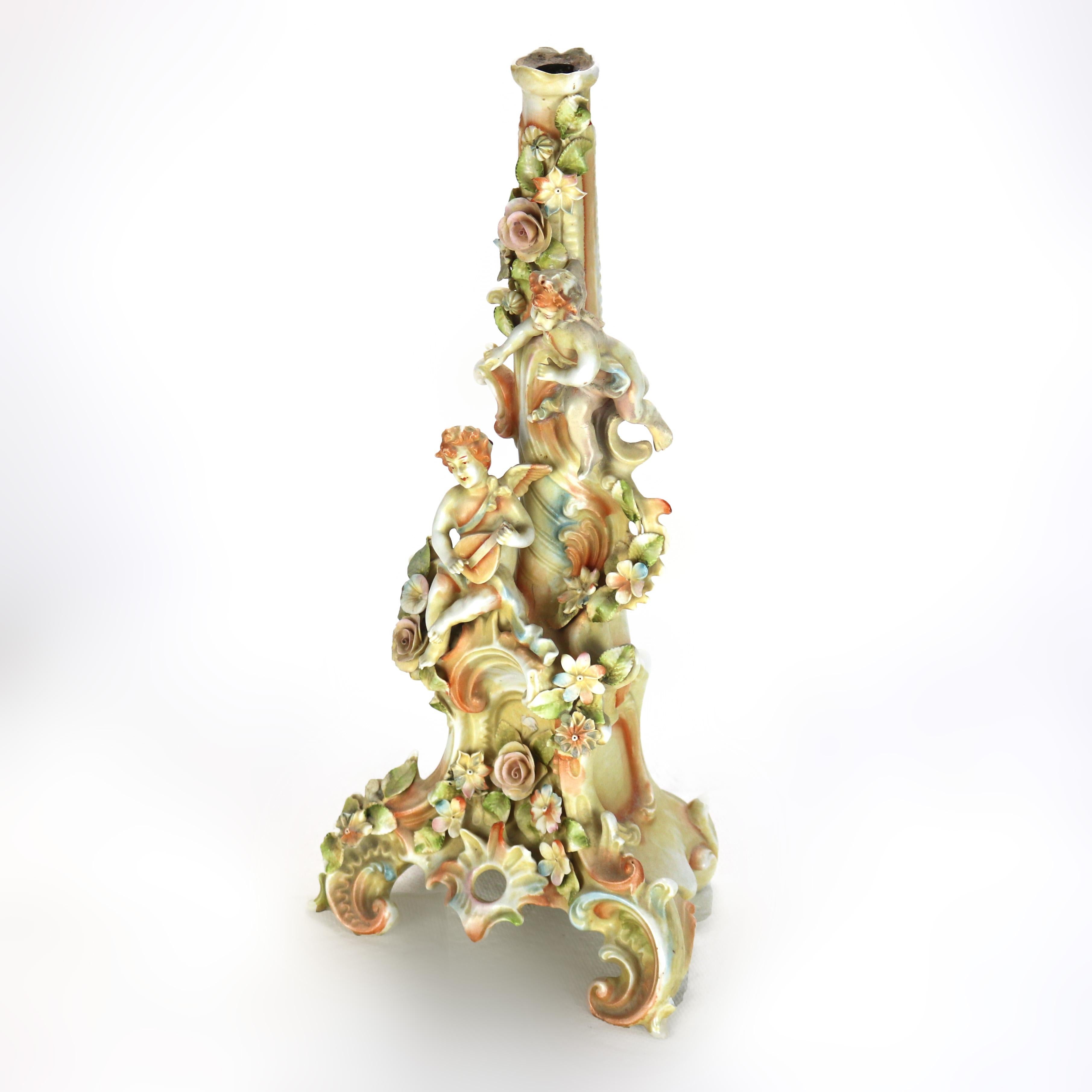 Hand-Painted Pair of Meissen School Hand Painted Figural Porcelain Cherub Candlesticks 19thC For Sale
