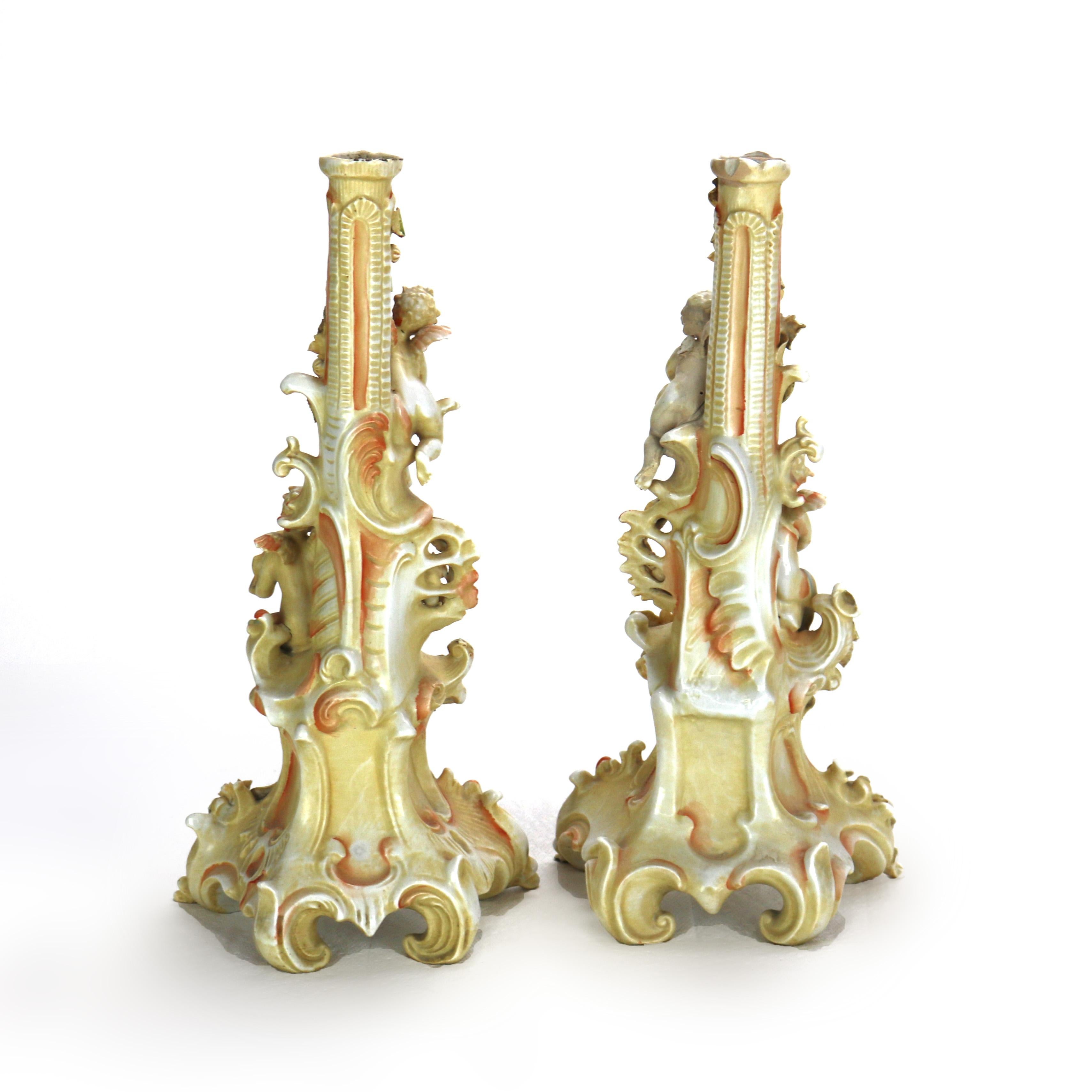 19th Century Pair of Meissen School Hand Painted Figural Porcelain Cherub Candlesticks 19thC For Sale