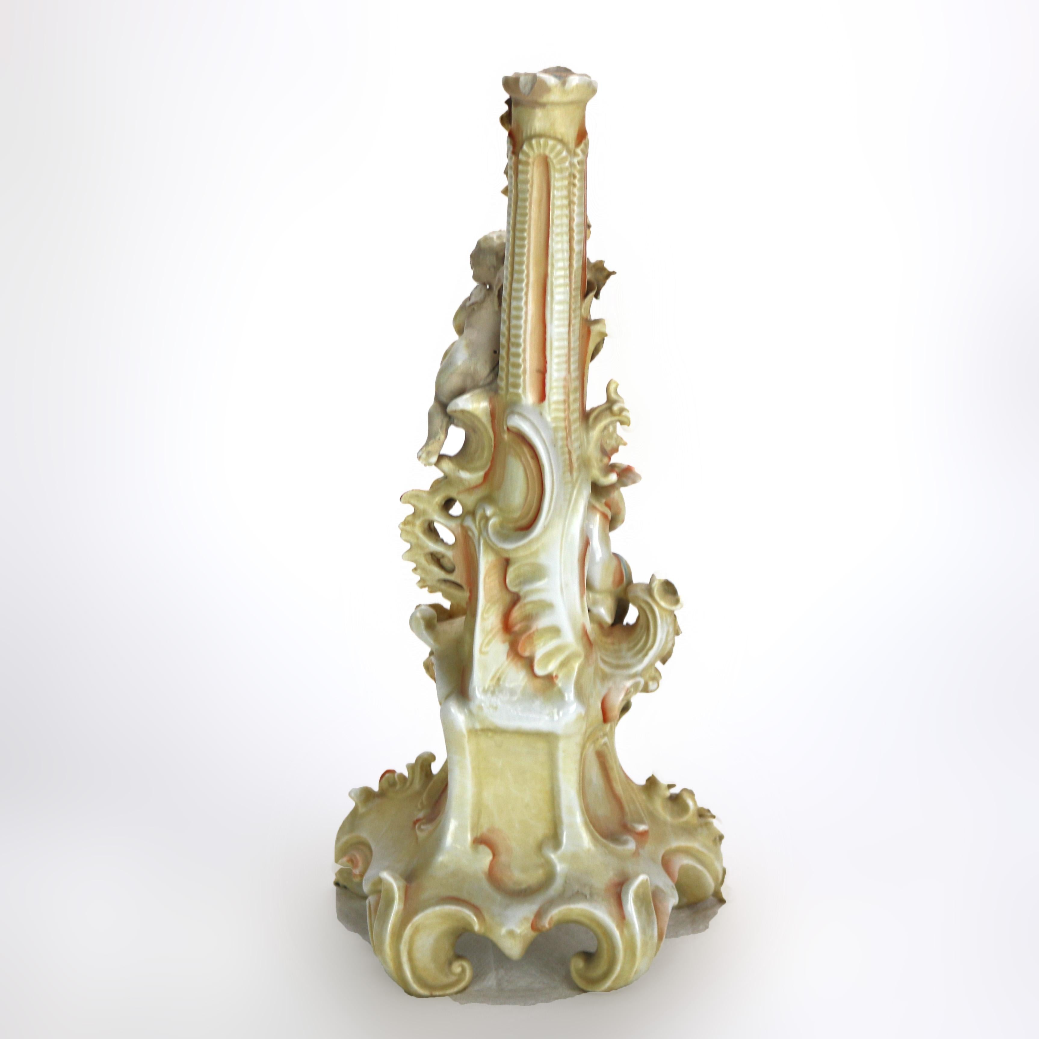 Pair of Meissen School Hand Painted Figural Porcelain Cherub Candlesticks 19thC For Sale 1