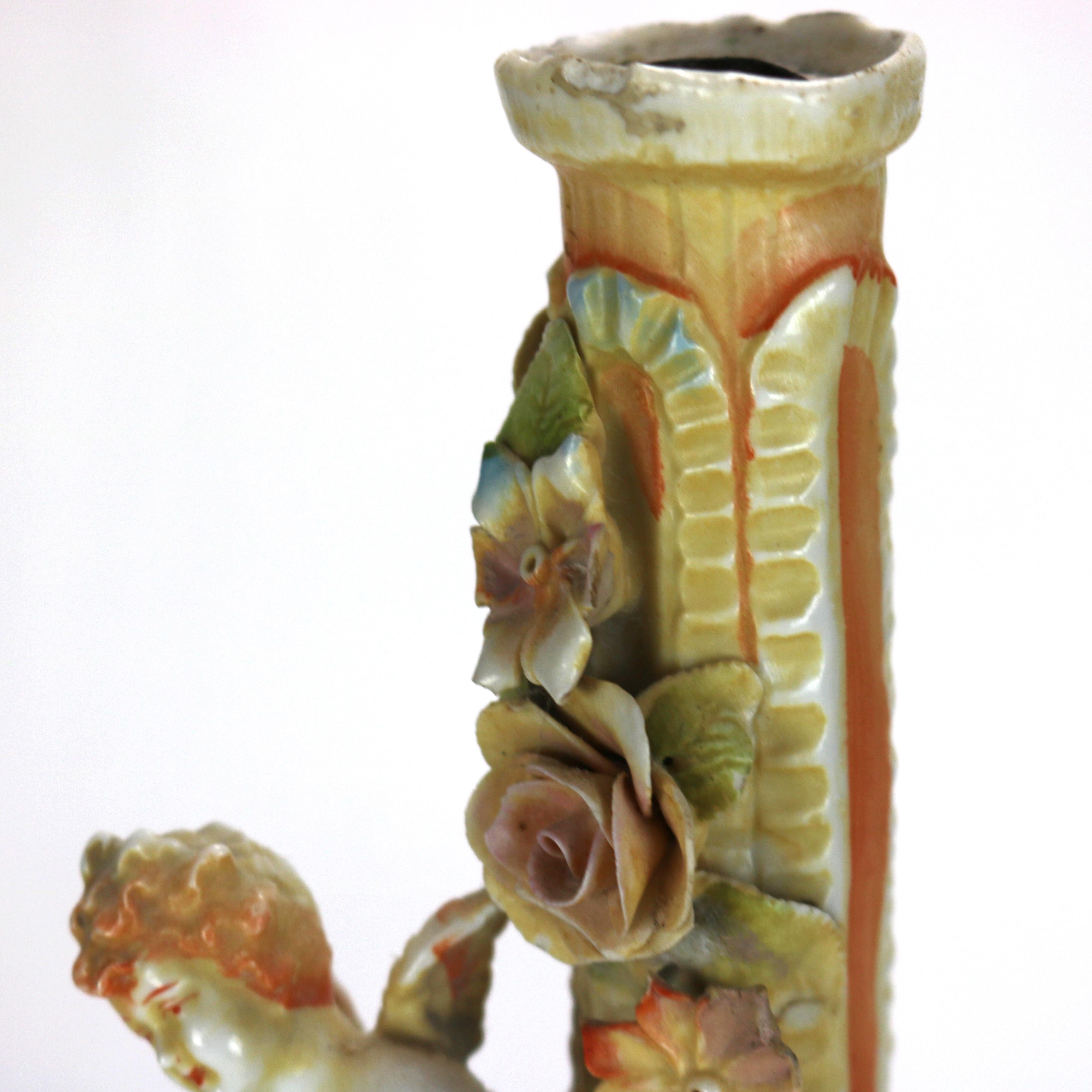 Pair of Meissen School Hand Painted Figural Porcelain Cherub Candlesticks 19thC For Sale 3